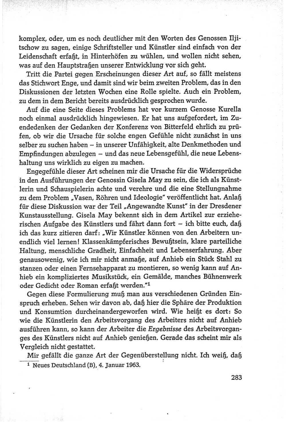 Protokoll der Verhandlungen des Ⅵ. Parteitages der Sozialistischen Einheitspartei Deutschlands (SED) [Deutsche Demokratische Republik (DDR)] 1963, Band Ⅰ, Seite 283 (Prot. Verh. Ⅵ. PT SED DDR 1963, Bd. Ⅰ, S. 283)