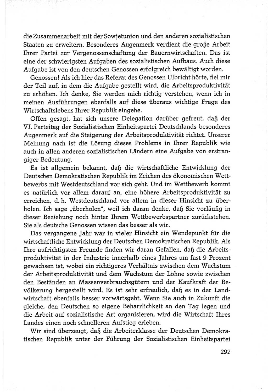 Protokoll der Verhandlungen des Ⅵ. Parteitages der Sozialistischen Einheitspartei Deutschlands (SED) [Deutsche Demokratische Republik (DDR)] 1963, Band Ⅰ, Seite 297 (Prot. Verh. Ⅵ. PT SED DDR 1963, Bd. Ⅰ, S. 297)
