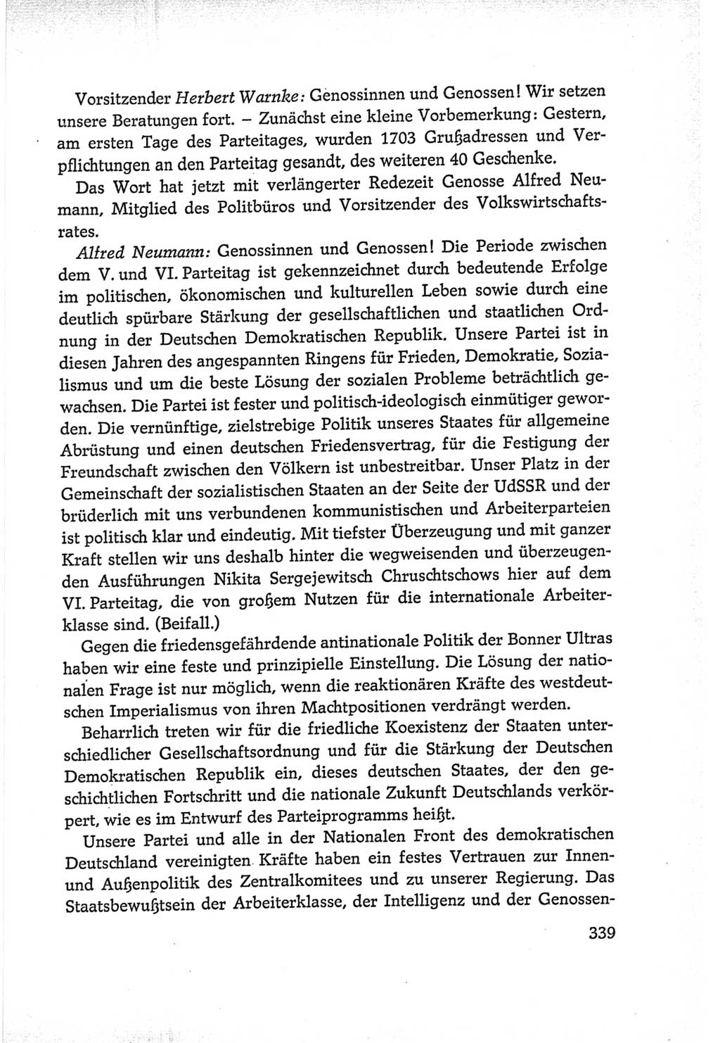 Protokoll der Verhandlungen des Ⅵ. Parteitages der Sozialistischen Einheitspartei Deutschlands (SED) [Deutsche Demokratische Republik (DDR)] 1963, Band Ⅰ, Seite 339 (Prot. Verh. Ⅵ. PT SED DDR 1963, Bd. Ⅰ, S. 339)
