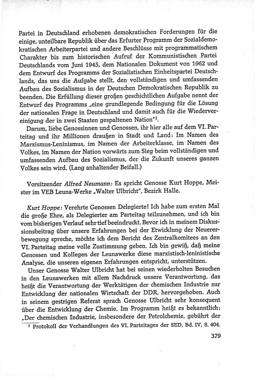 Protokoll der Verhandlungen des Ⅵ. Parteitages der Sozialistischen Einheitspartei Deutschlands (SED) [Deutsche Demokratische Republik (DDR)] 1963, Band Ⅰ, Seite 379 (Prot. Verh. Ⅵ. PT SED DDR 1963, Bd. Ⅰ, S. 379)