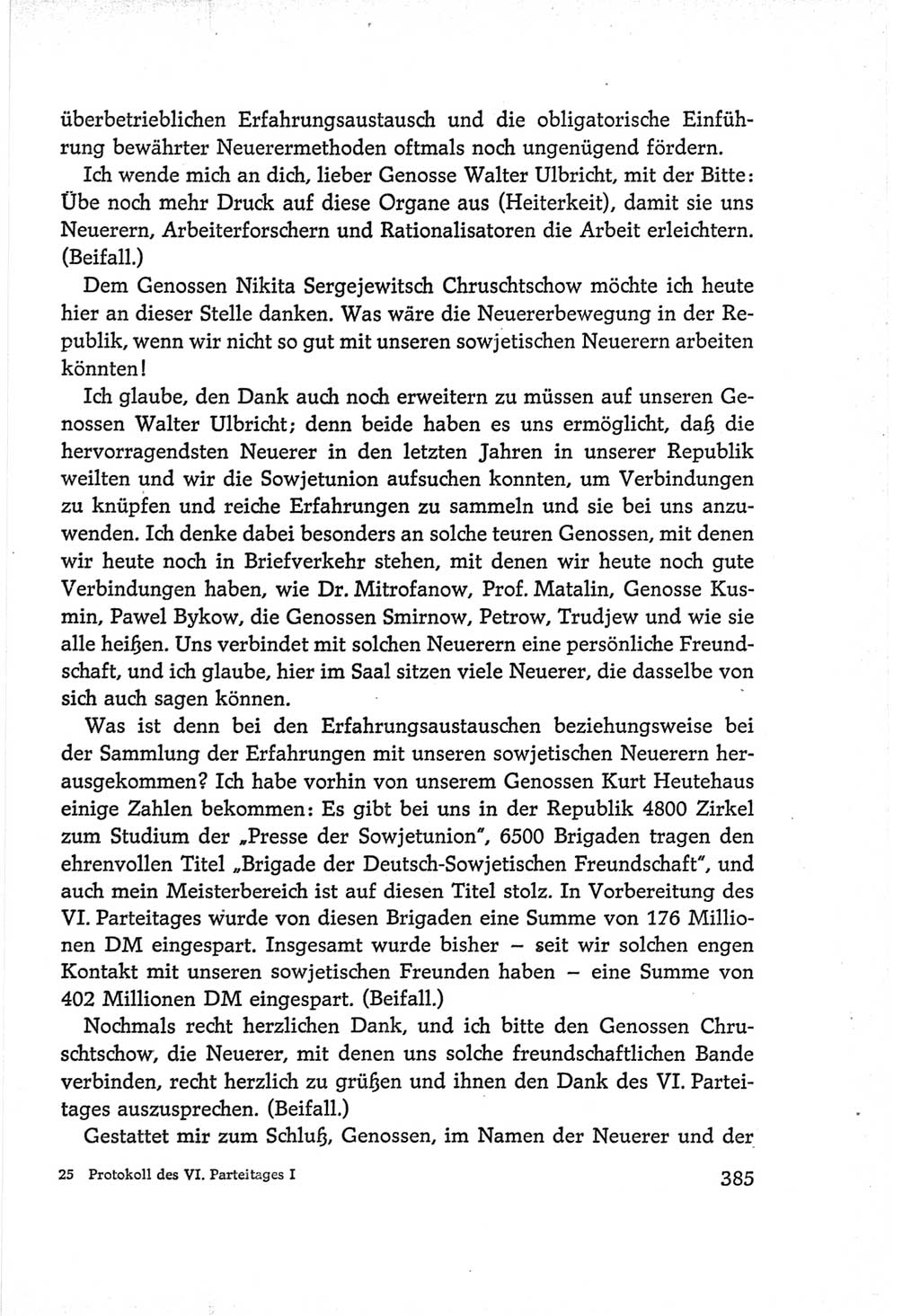 Protokoll der Verhandlungen des Ⅵ. Parteitages der Sozialistischen Einheitspartei Deutschlands (SED) [Deutsche Demokratische Republik (DDR)] 1963, Band Ⅰ, Seite 385 (Prot. Verh. Ⅵ. PT SED DDR 1963, Bd. Ⅰ, S. 385)