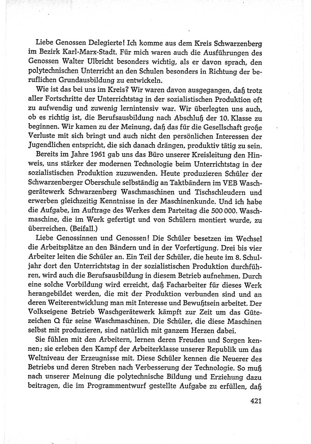 Protokoll der Verhandlungen des Ⅵ. Parteitages der Sozialistischen Einheitspartei Deutschlands (SED) [Deutsche Demokratische Republik (DDR)] 1963, Band Ⅰ, Seite 421 (Prot. Verh. Ⅵ. PT SED DDR 1963, Bd. Ⅰ, S. 421)