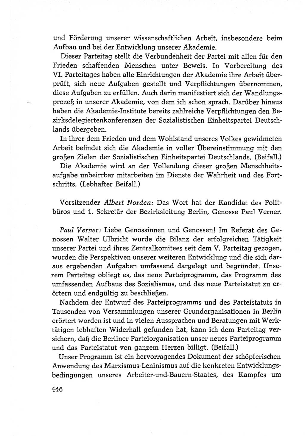 Protokoll der Verhandlungen des Ⅵ. Parteitages der Sozialistischen Einheitspartei Deutschlands (SED) [Deutsche Demokratische Republik (DDR)] 1963, Band Ⅰ, Seite 446 (Prot. Verh. Ⅵ. PT SED DDR 1963, Bd. Ⅰ, S. 446)