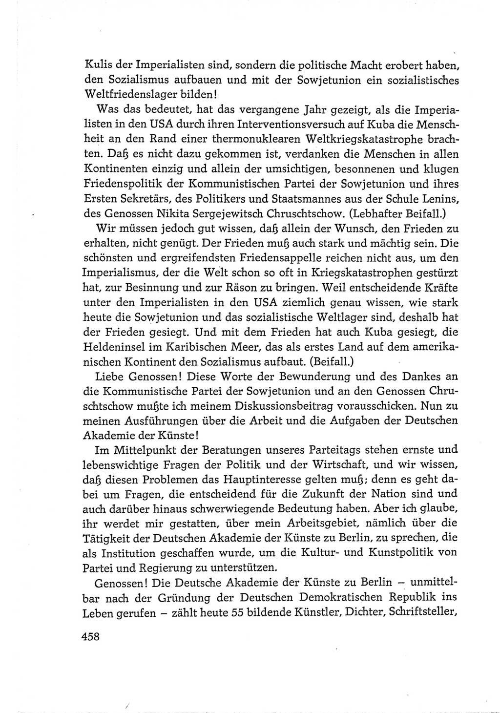 Protokoll der Verhandlungen des Ⅵ. Parteitages der Sozialistischen Einheitspartei Deutschlands (SED) [Deutsche Demokratische Republik (DDR)] 1963, Band Ⅰ, Seite 458 (Prot. Verh. Ⅵ. PT SED DDR 1963, Bd. Ⅰ, S. 458)
