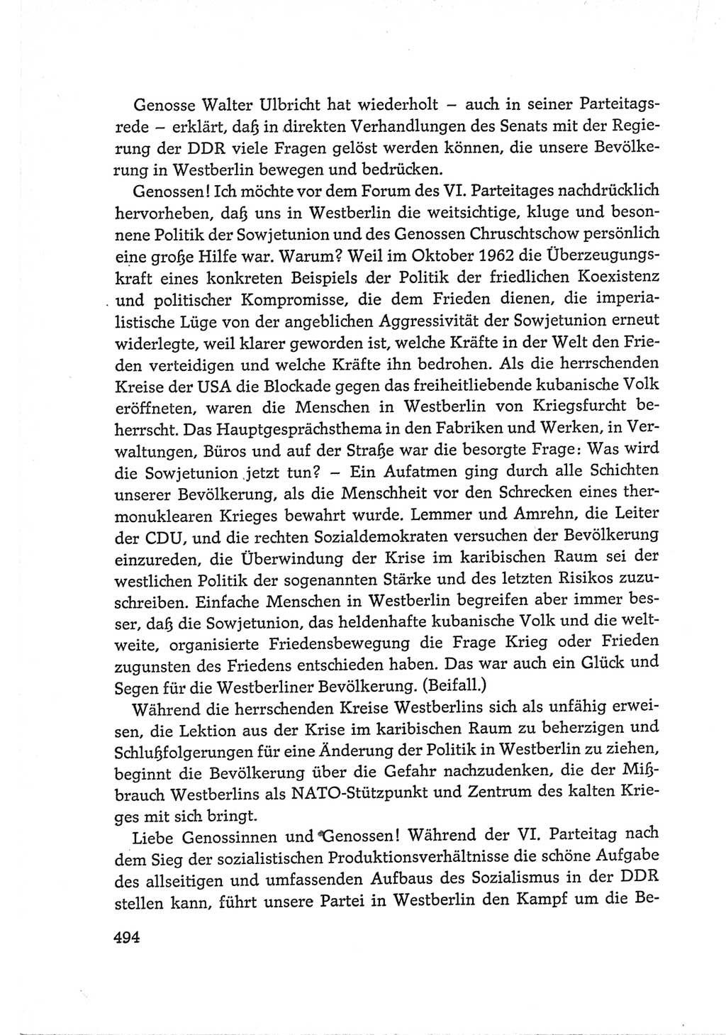 Protokoll der Verhandlungen des Ⅵ. Parteitages der Sozialistischen Einheitspartei Deutschlands (SED) [Deutsche Demokratische Republik (DDR)] 1963, Band Ⅰ, Seite 494 (Prot. Verh. Ⅵ. PT SED DDR 1963, Bd. Ⅰ, S. 494)