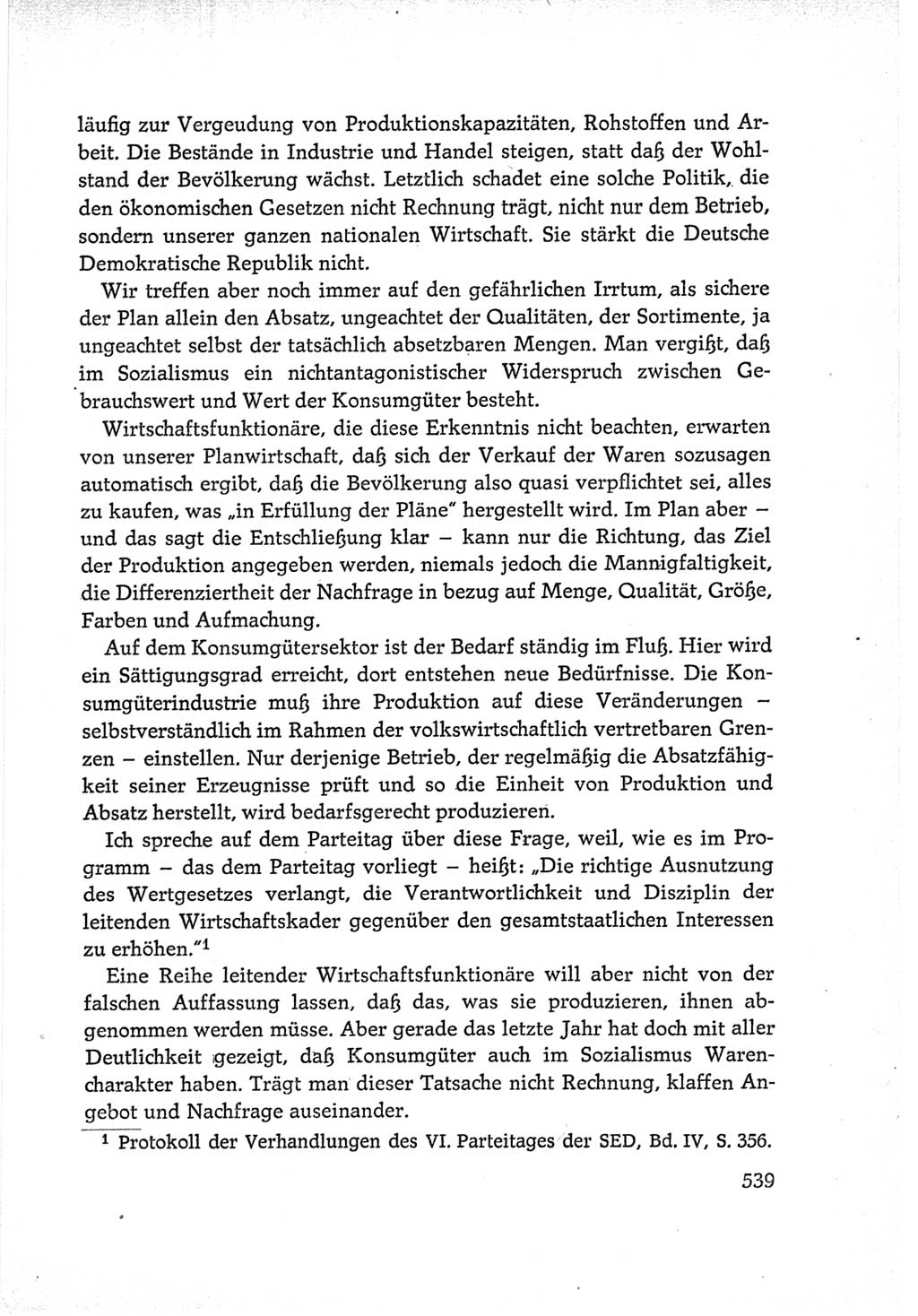 Protokoll der Verhandlungen des Ⅵ. Parteitages der Sozialistischen Einheitspartei Deutschlands (SED) [Deutsche Demokratische Republik (DDR)] 1963, Band Ⅰ, Seite 539 (Prot. Verh. Ⅵ. PT SED DDR 1963, Bd. Ⅰ, S. 539)