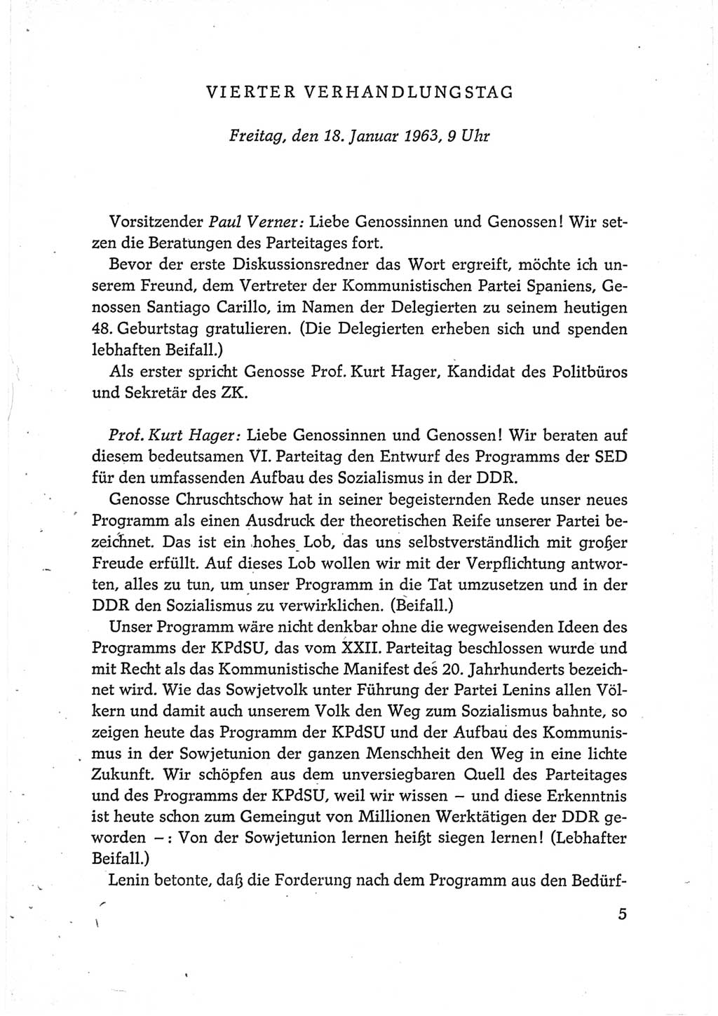 Protokoll der Verhandlungen des Ⅵ. Parteitages der Sozialistischen Einheitspartei Deutschlands (SED) [Deutsche Demokratische Republik (DDR)] 1963, Band Ⅱ, Seite 5 (Prot. Verh. Ⅵ. PT SED DDR 1963, Bd. Ⅱ, S. 5)