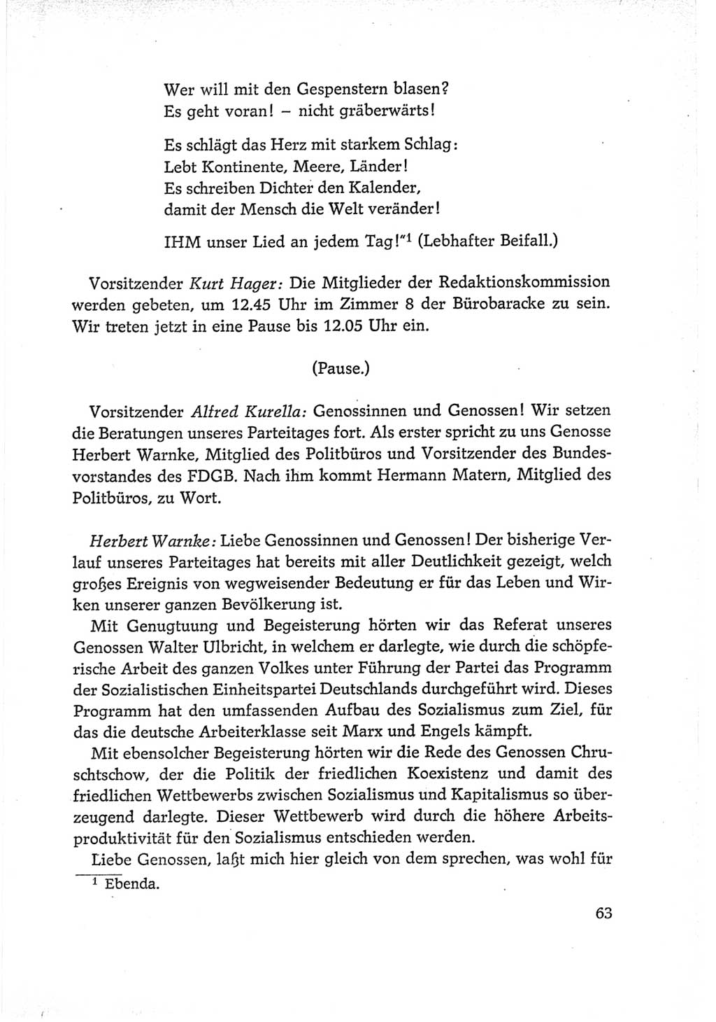 Protokoll der Verhandlungen des Ⅵ. Parteitages der Sozialistischen Einheitspartei Deutschlands (SED) [Deutsche Demokratische Republik (DDR)] 1963, Band Ⅱ, Seite 63 (Prot. Verh. Ⅵ. PT SED DDR 1963, Bd. Ⅱ, S. 63)