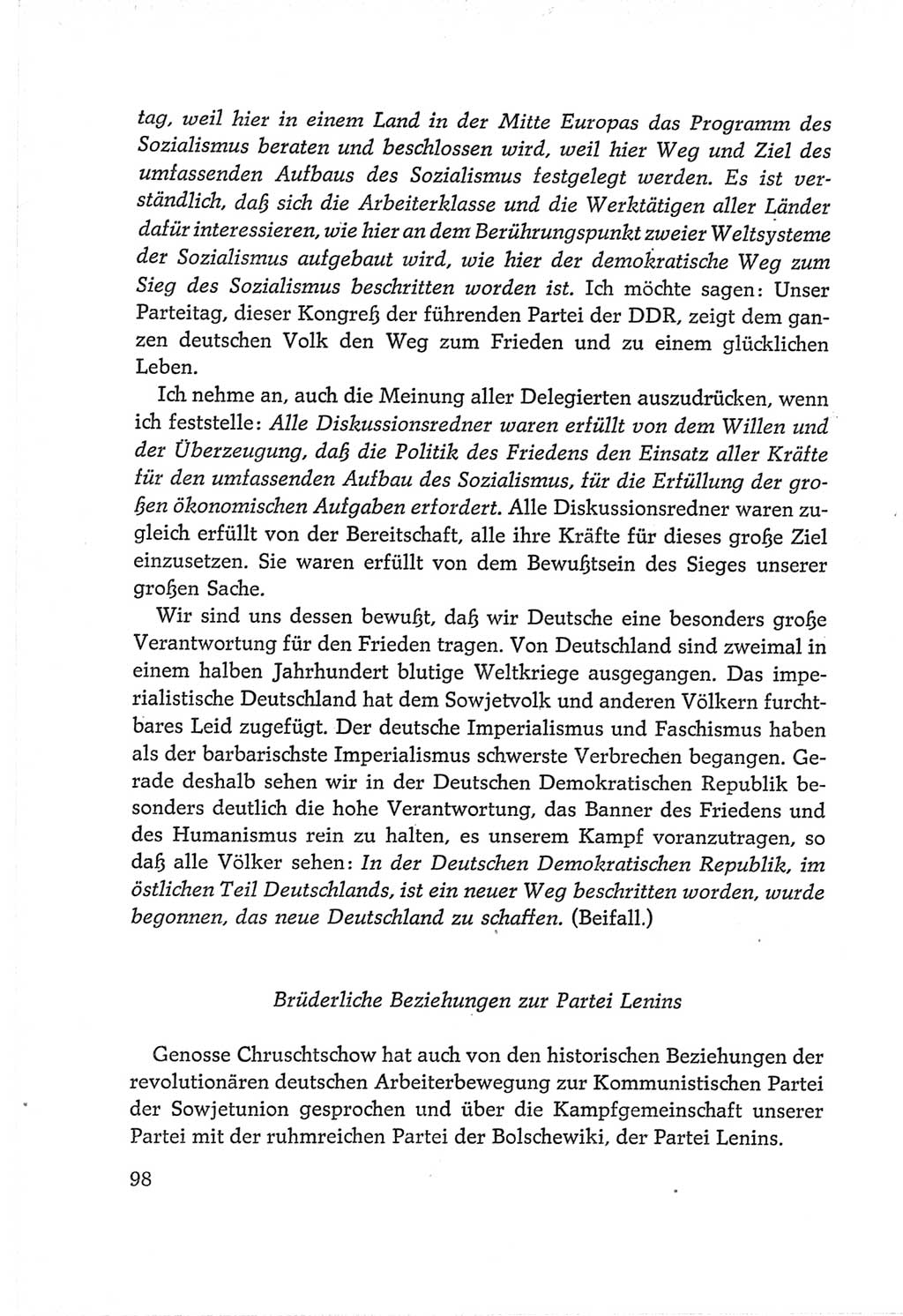 Protokoll der Verhandlungen des Ⅵ. Parteitages der Sozialistischen Einheitspartei Deutschlands (SED) [Deutsche Demokratische Republik (DDR)] 1963, Band Ⅱ, Seite 98 (Prot. Verh. Ⅵ. PT SED DDR 1963, Bd. Ⅱ, S. 98)