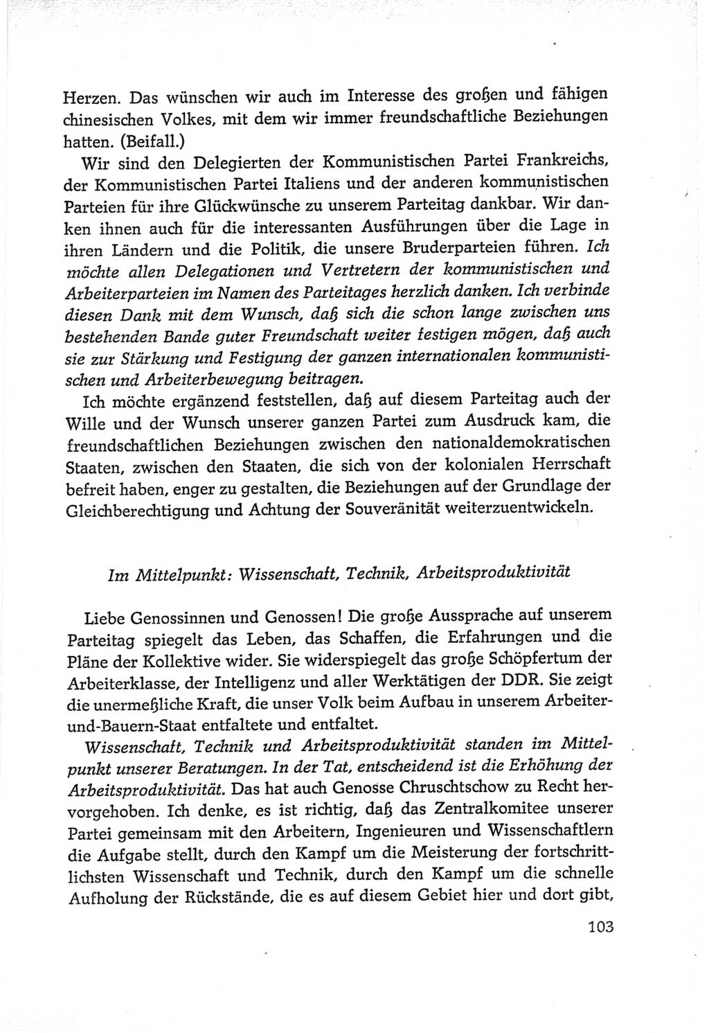 Protokoll der Verhandlungen des Ⅵ. Parteitages der Sozialistischen Einheitspartei Deutschlands (SED) [Deutsche Demokratische Republik (DDR)] 1963, Band Ⅱ, Seite 103 (Prot. Verh. Ⅵ. PT SED DDR 1963, Bd. Ⅱ, S. 103)