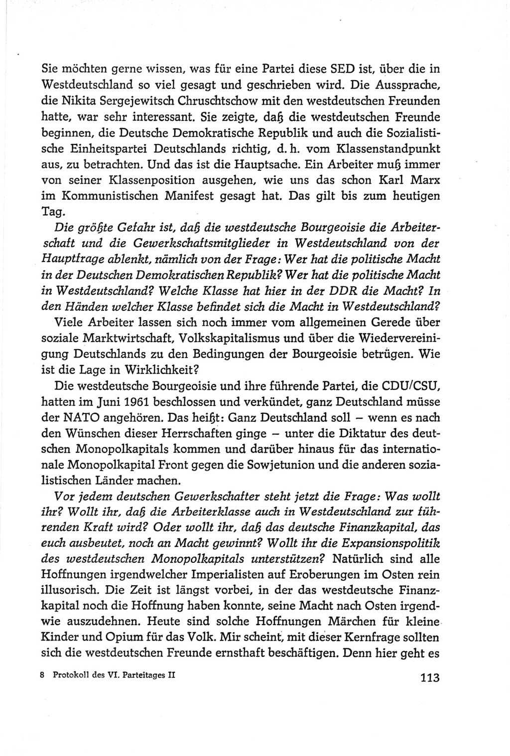 Protokoll der Verhandlungen des Ⅵ. Parteitages der Sozialistischen Einheitspartei Deutschlands (SED) [Deutsche Demokratische Republik (DDR)] 1963, Band Ⅱ, Seite 113 (Prot. Verh. Ⅵ. PT SED DDR 1963, Bd. Ⅱ, S. 113)