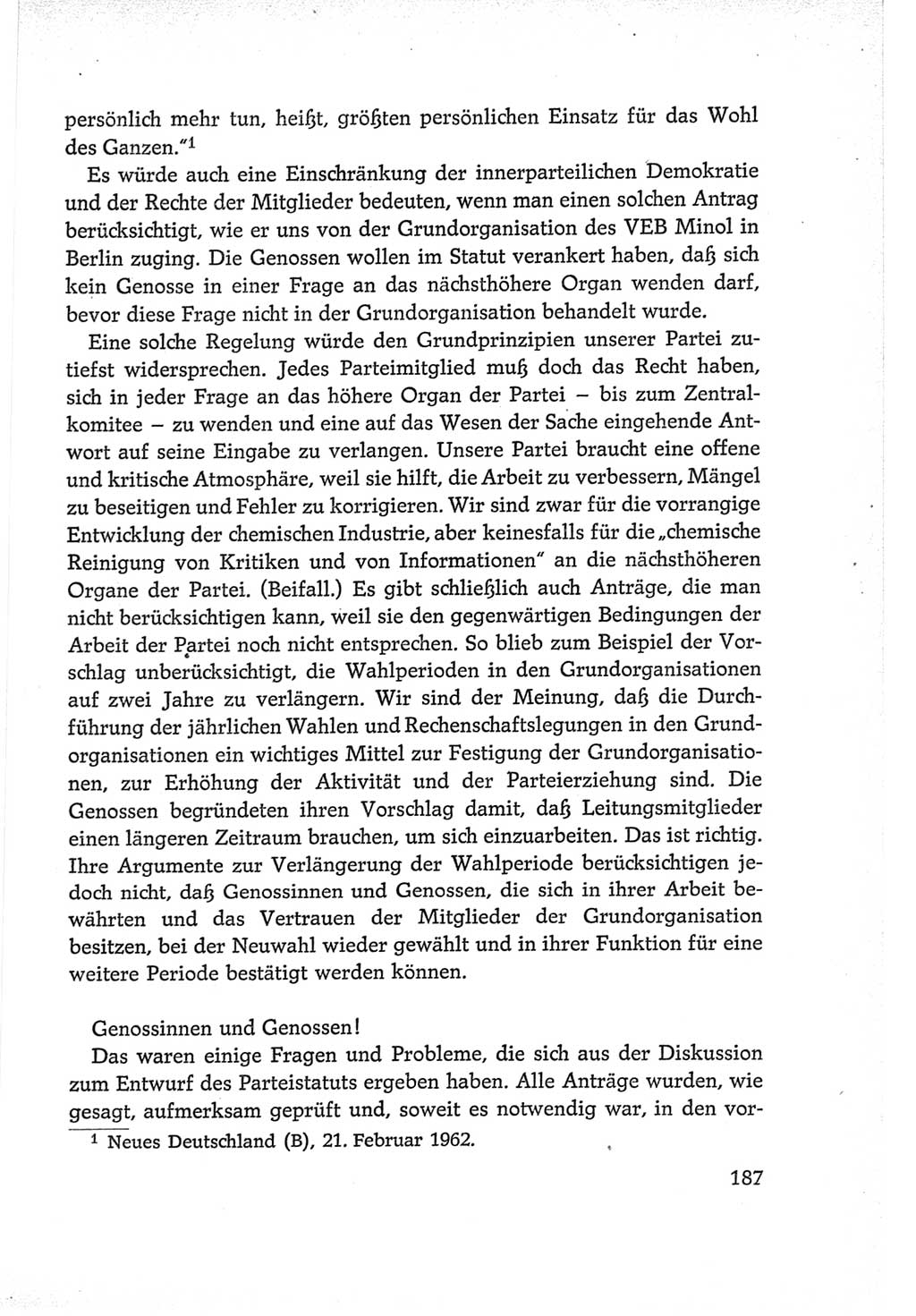 Protokoll der Verhandlungen des Ⅵ. Parteitages der Sozialistischen Einheitspartei Deutschlands (SED) [Deutsche Demokratische Republik (DDR)] 1963, Band Ⅱ, Seite 187 (Prot. Verh. Ⅵ. PT SED DDR 1963, Bd. Ⅱ, S. 187)