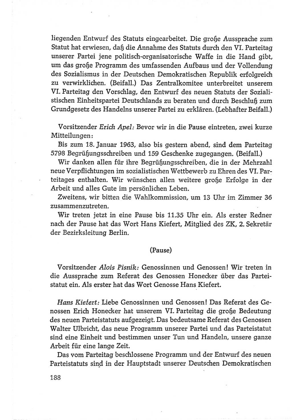 Protokoll der Verhandlungen des Ⅵ. Parteitages der Sozialistischen Einheitspartei Deutschlands (SED) [Deutsche Demokratische Republik (DDR)] 1963, Band Ⅱ, Seite 188 (Prot. Verh. Ⅵ. PT SED DDR 1963, Bd. Ⅱ, S. 188)