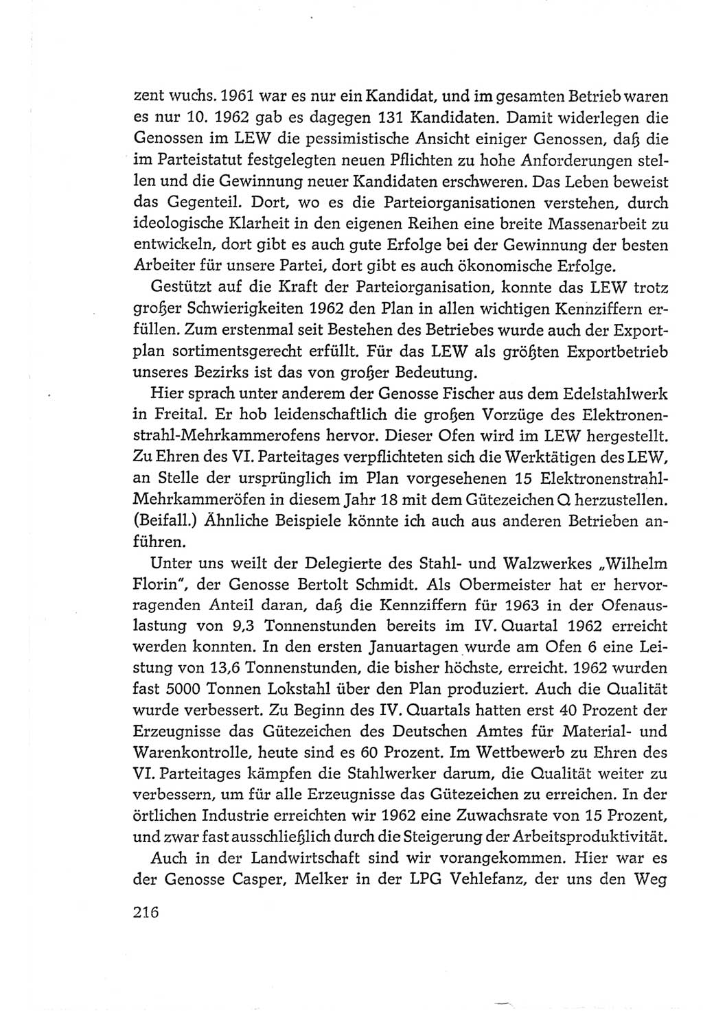 Protokoll der Verhandlungen des Ⅵ. Parteitages der Sozialistischen Einheitspartei Deutschlands (SED) [Deutsche Demokratische Republik (DDR)] 1963, Band Ⅱ, Seite 216 (Prot. Verh. Ⅵ. PT SED DDR 1963, Bd. Ⅱ, S. 216)