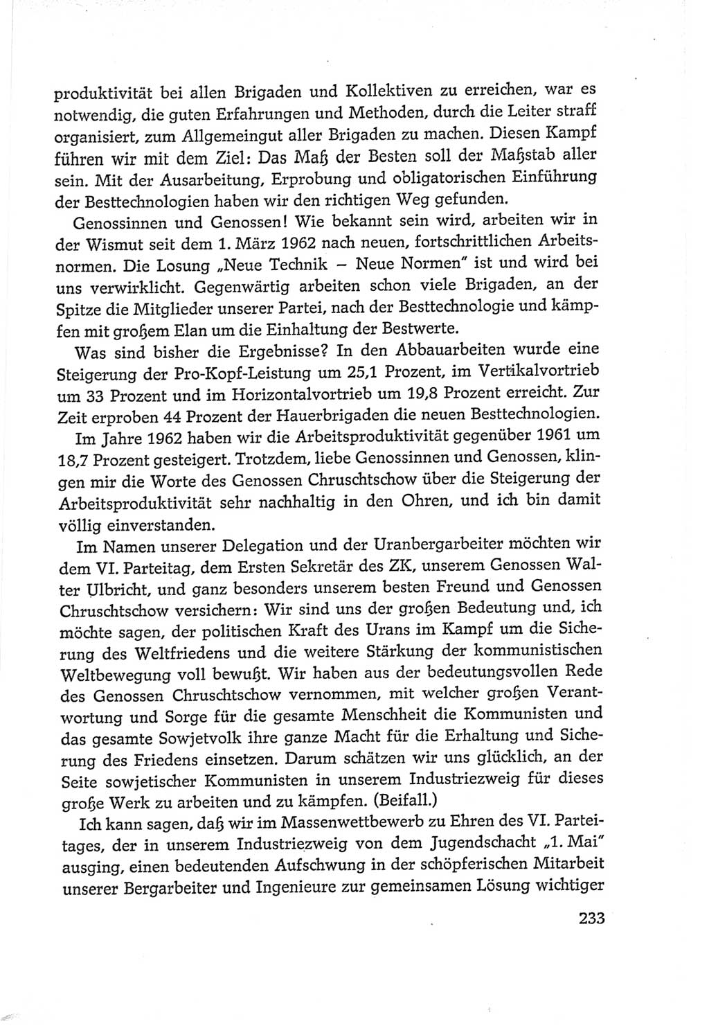 Protokoll der Verhandlungen des Ⅵ. Parteitages der Sozialistischen Einheitspartei Deutschlands (SED) [Deutsche Demokratische Republik (DDR)] 1963, Band Ⅱ, Seite 233 (Prot. Verh. Ⅵ. PT SED DDR 1963, Bd. Ⅱ, S. 233)