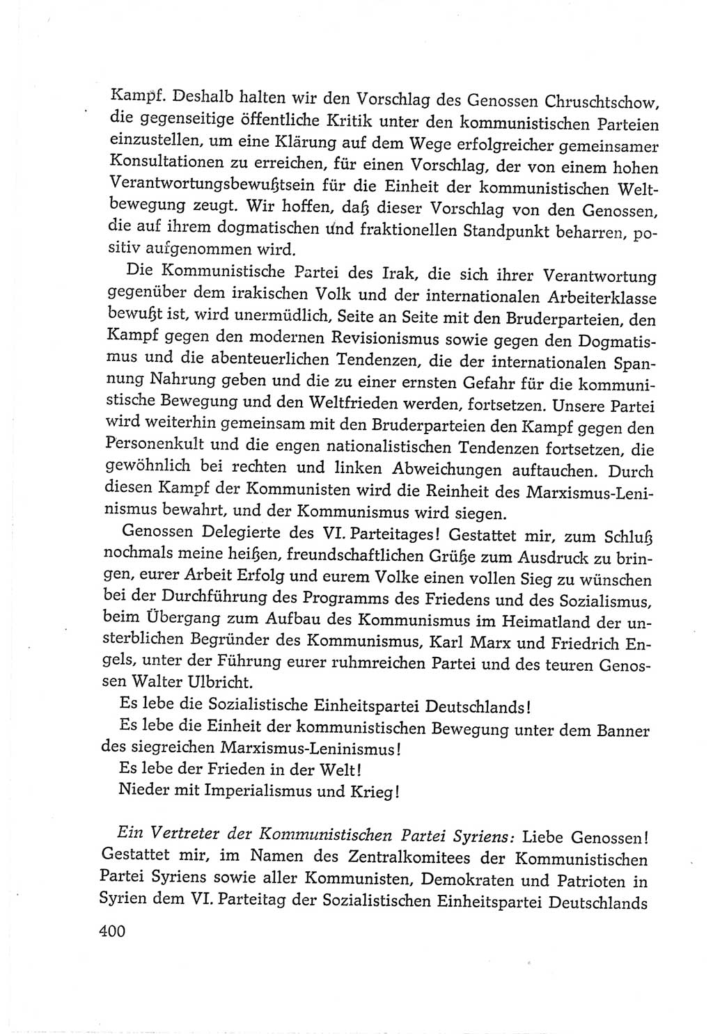 Protokoll der Verhandlungen des Ⅵ. Parteitages der Sozialistischen Einheitspartei Deutschlands (SED) [Deutsche Demokratische Republik (DDR)] 1963, Band Ⅱ, Seite 400 (Prot. Verh. Ⅵ. PT SED DDR 1963, Bd. Ⅱ, S. 400)