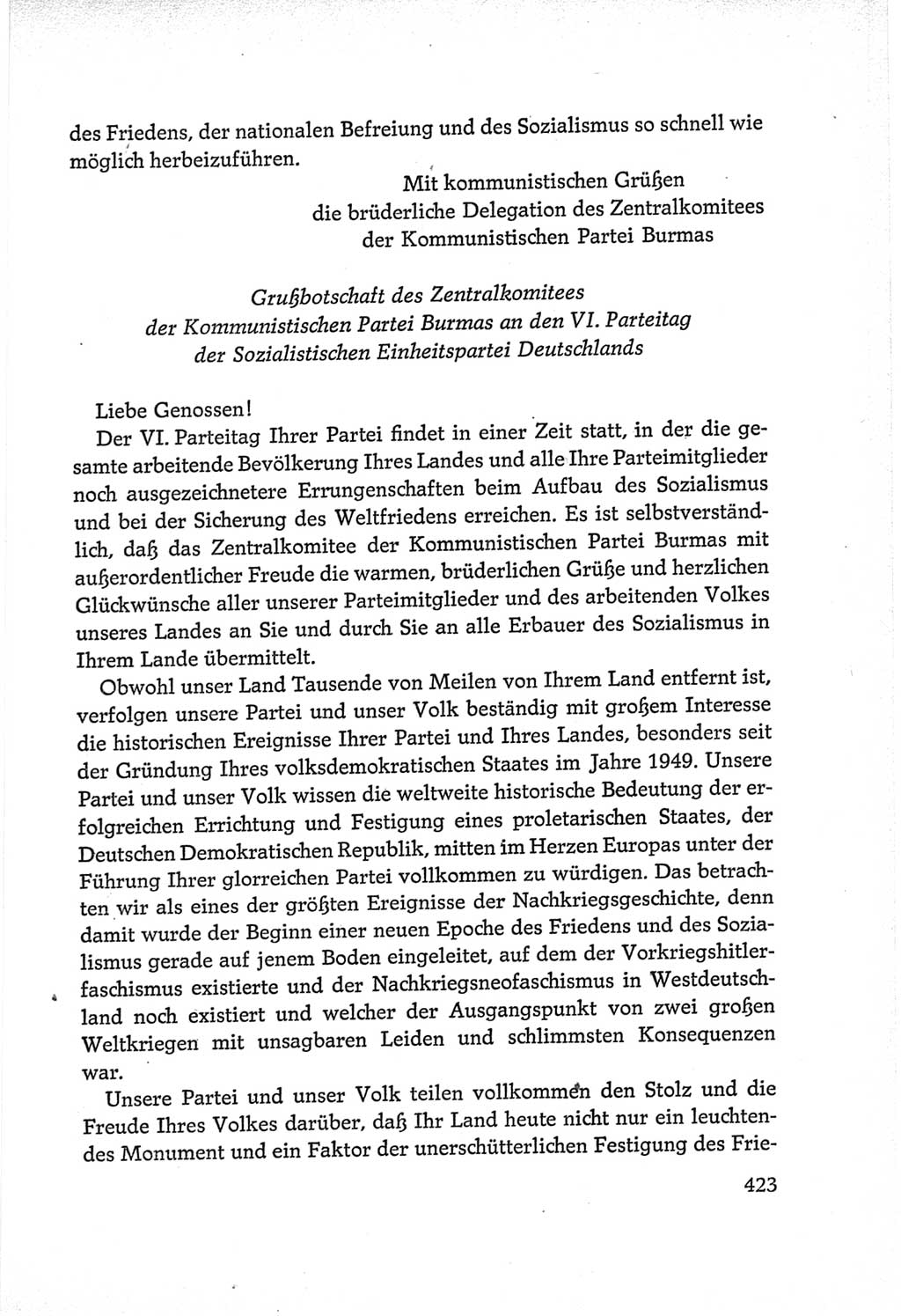 Protokoll der Verhandlungen des Ⅵ. Parteitages der Sozialistischen Einheitspartei Deutschlands (SED) [Deutsche Demokratische Republik (DDR)] 1963, Band Ⅱ, Seite 423 (Prot. Verh. Ⅵ. PT SED DDR 1963, Bd. Ⅱ, S. 423)