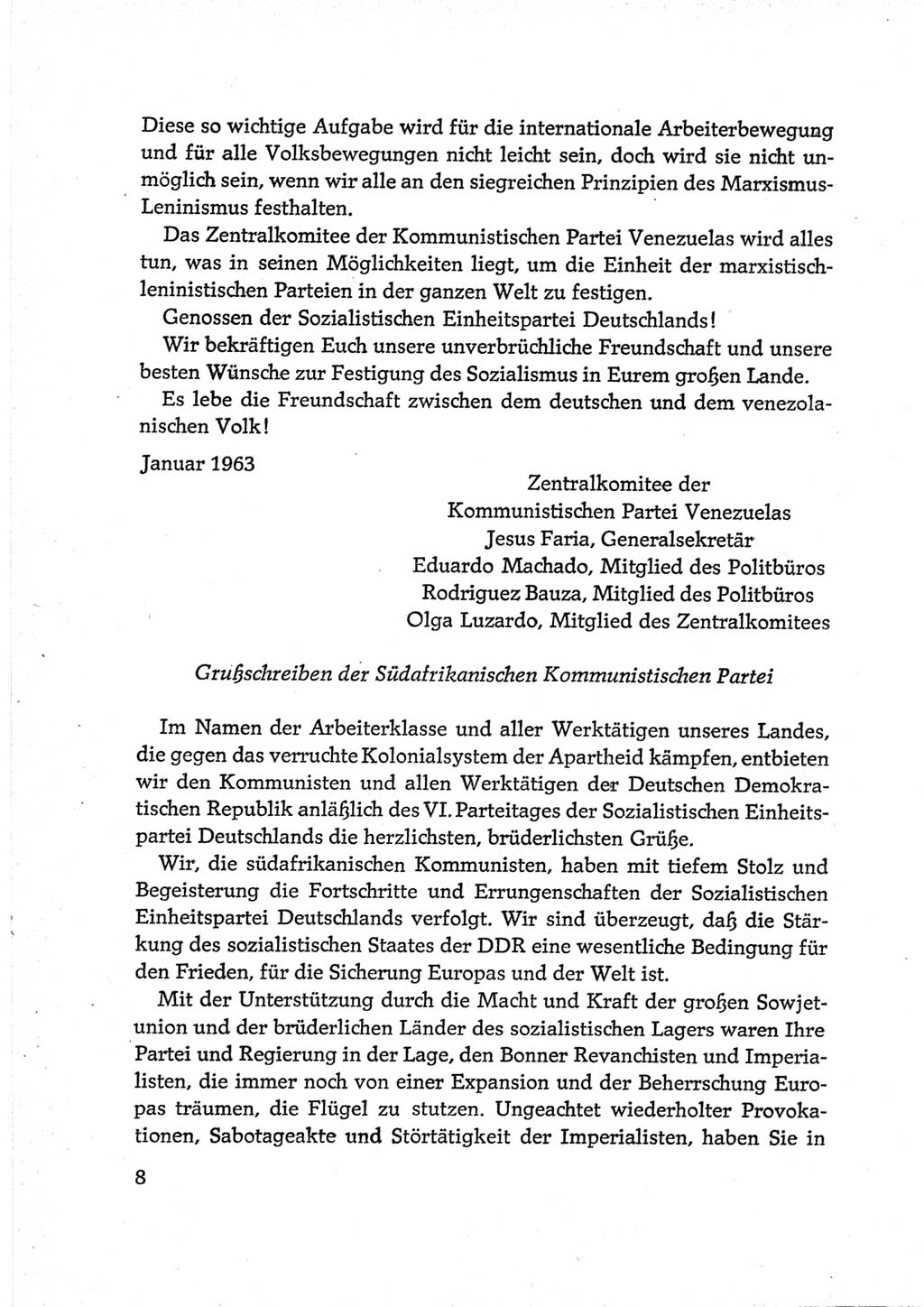 Protokoll der Verhandlungen des Ⅵ. Parteitages der Sozialistischen Einheitspartei Deutschlands (SED) [Deutsche Demokratische Republik (DDR)] 1963, Band Ⅲ, Seite 8 (Prot. Verh. Ⅵ. PT SED DDR 1963, Bd. Ⅲ, S. 8)