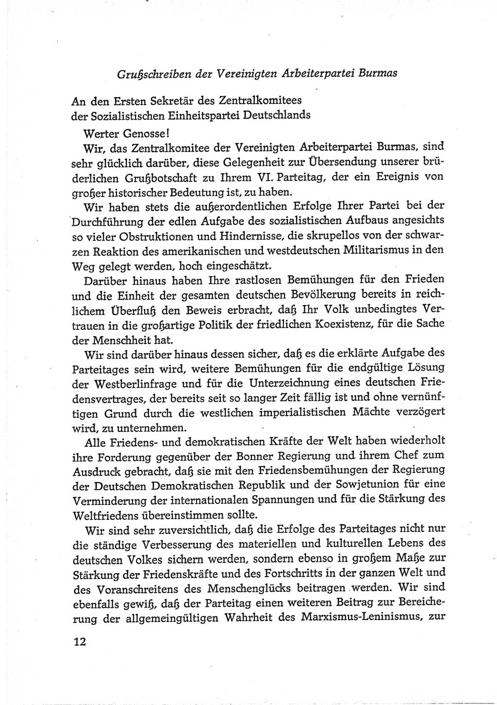 Protokoll der Verhandlungen des Ⅵ. Parteitages der Sozialistischen Einheitspartei Deutschlands (SED) [Deutsche Demokratische Republik (DDR)] 1963, Band Ⅲ, Seite 12 (Prot. Verh. Ⅵ. PT SED DDR 1963, Bd. Ⅲ, S. 12)