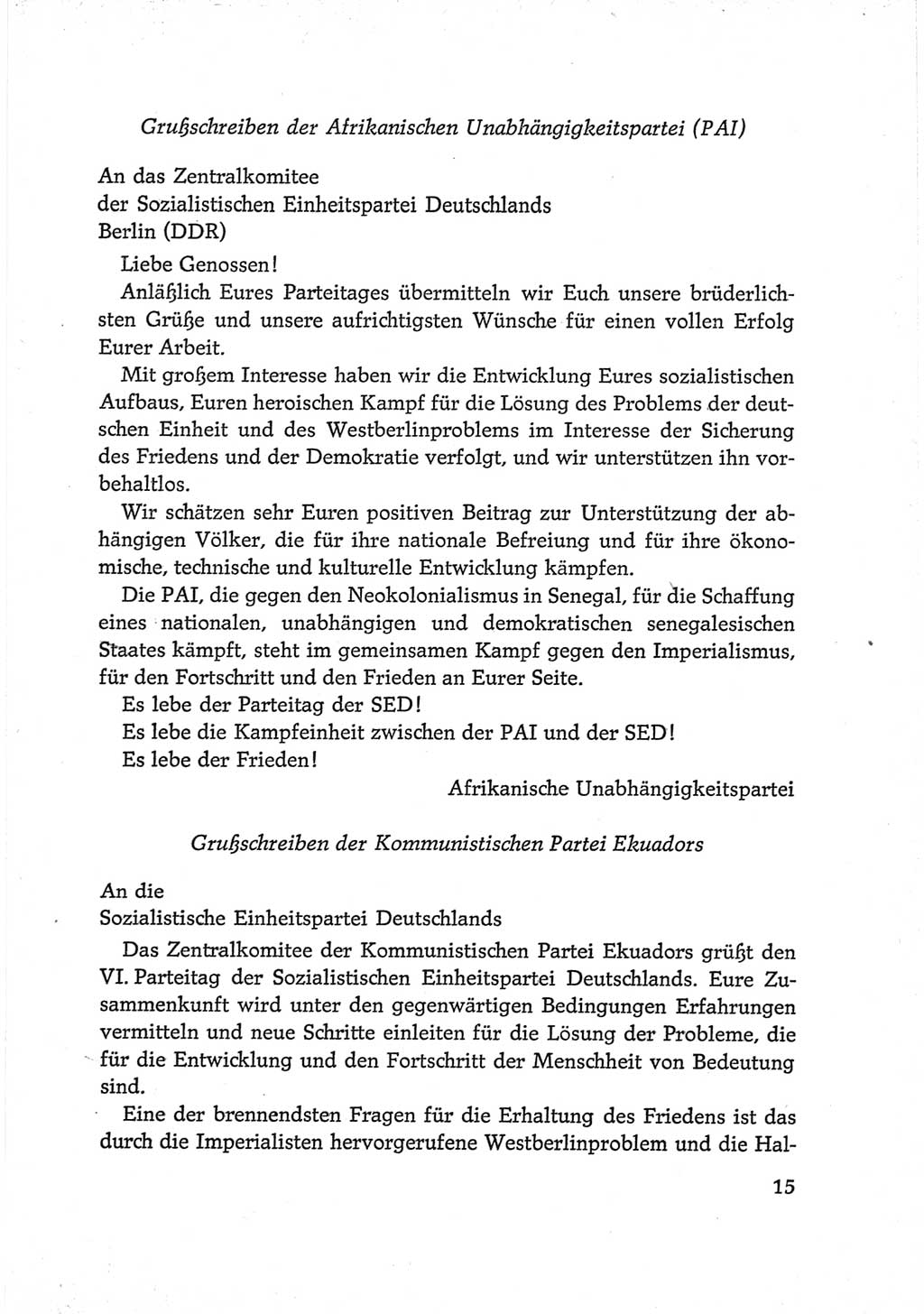 Protokoll der Verhandlungen des Ⅵ. Parteitages der Sozialistischen Einheitspartei Deutschlands (SED) [Deutsche Demokratische Republik (DDR)] 1963, Band Ⅲ, Seite 15 (Prot. Verh. Ⅵ. PT SED DDR 1963, Bd. Ⅲ, S. 15)