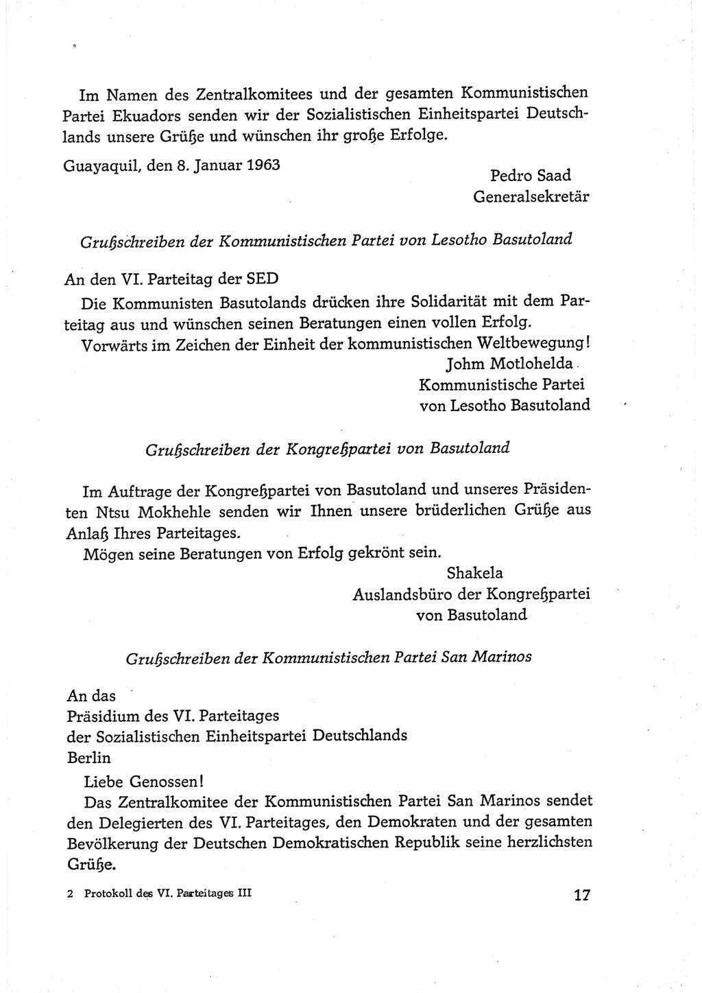Protokoll der Verhandlungen des Ⅵ. Parteitages der Sozialistischen Einheitspartei Deutschlands (SED) [Deutsche Demokratische Republik (DDR)] 1963, Band Ⅲ, Seite 17 (Prot. Verh. Ⅵ. PT SED DDR 1963, Bd. Ⅲ, S. 17)