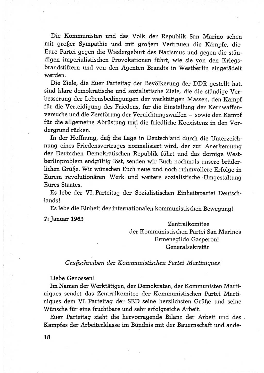 Protokoll der Verhandlungen des Ⅵ. Parteitages der Sozialistischen Einheitspartei Deutschlands (SED) [Deutsche Demokratische Republik (DDR)] 1963, Band Ⅲ, Seite 18 (Prot. Verh. Ⅵ. PT SED DDR 1963, Bd. Ⅲ, S. 18)