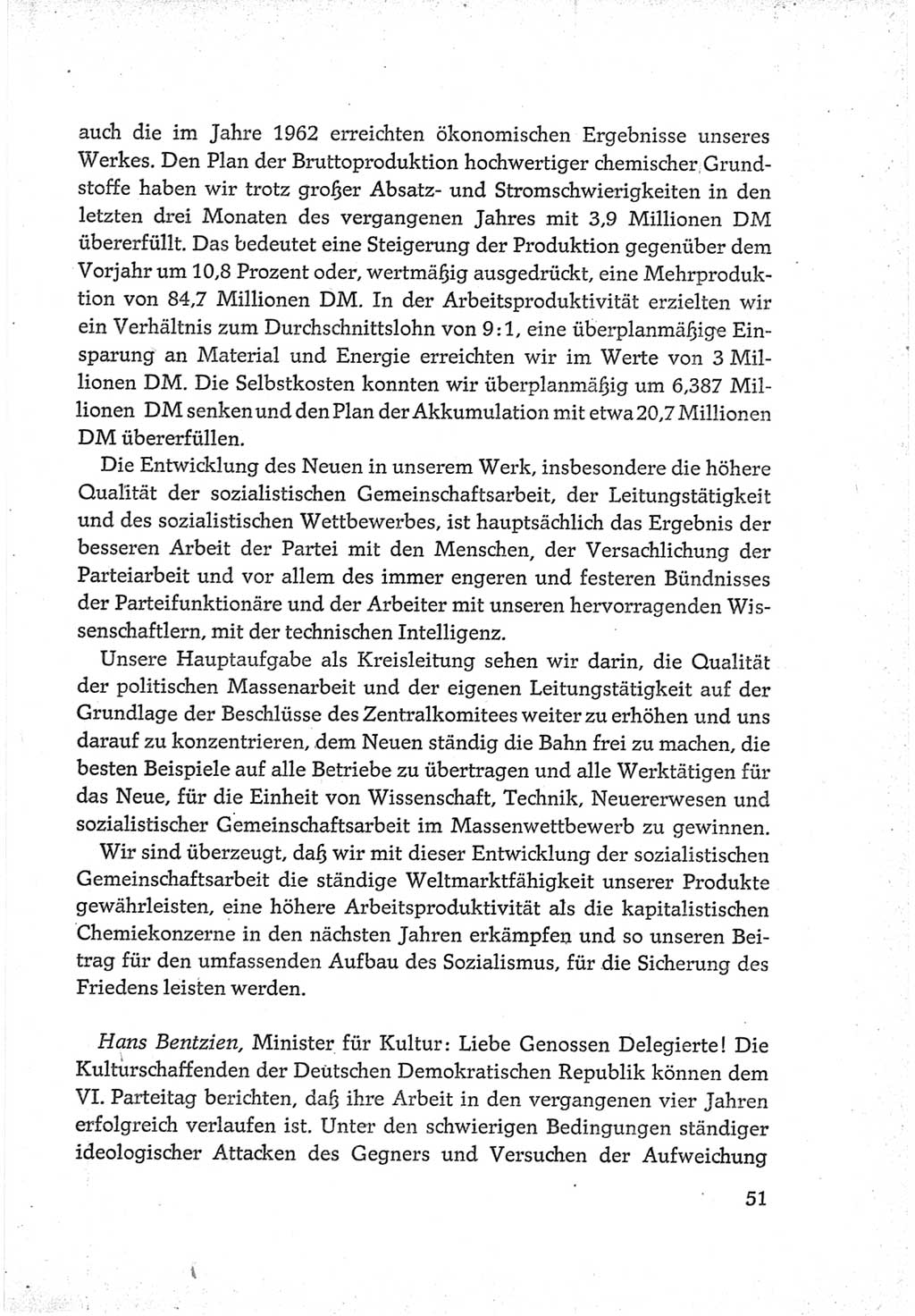 Protokoll der Verhandlungen des Ⅵ. Parteitages der Sozialistischen Einheitspartei Deutschlands (SED) [Deutsche Demokratische Republik (DDR)] 1963, Band Ⅲ, Seite 51 (Prot. Verh. Ⅵ. PT SED DDR 1963, Bd. Ⅲ, S. 51)