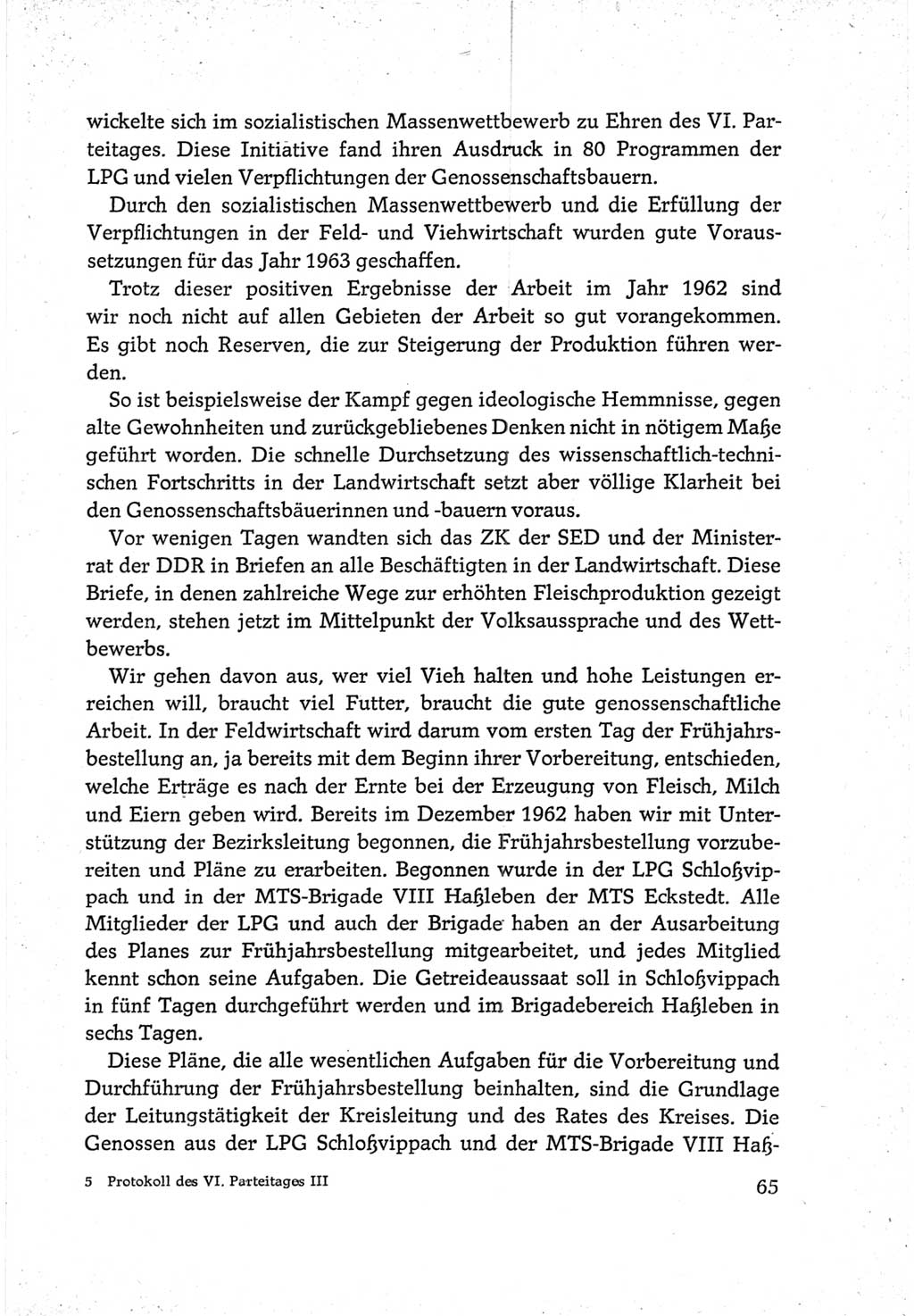 Protokoll der Verhandlungen des Ⅵ. Parteitages der Sozialistischen Einheitspartei Deutschlands (SED) [Deutsche Demokratische Republik (DDR)] 1963, Band Ⅲ, Seite 65 (Prot. Verh. Ⅵ. PT SED DDR 1963, Bd. Ⅲ, S. 65)