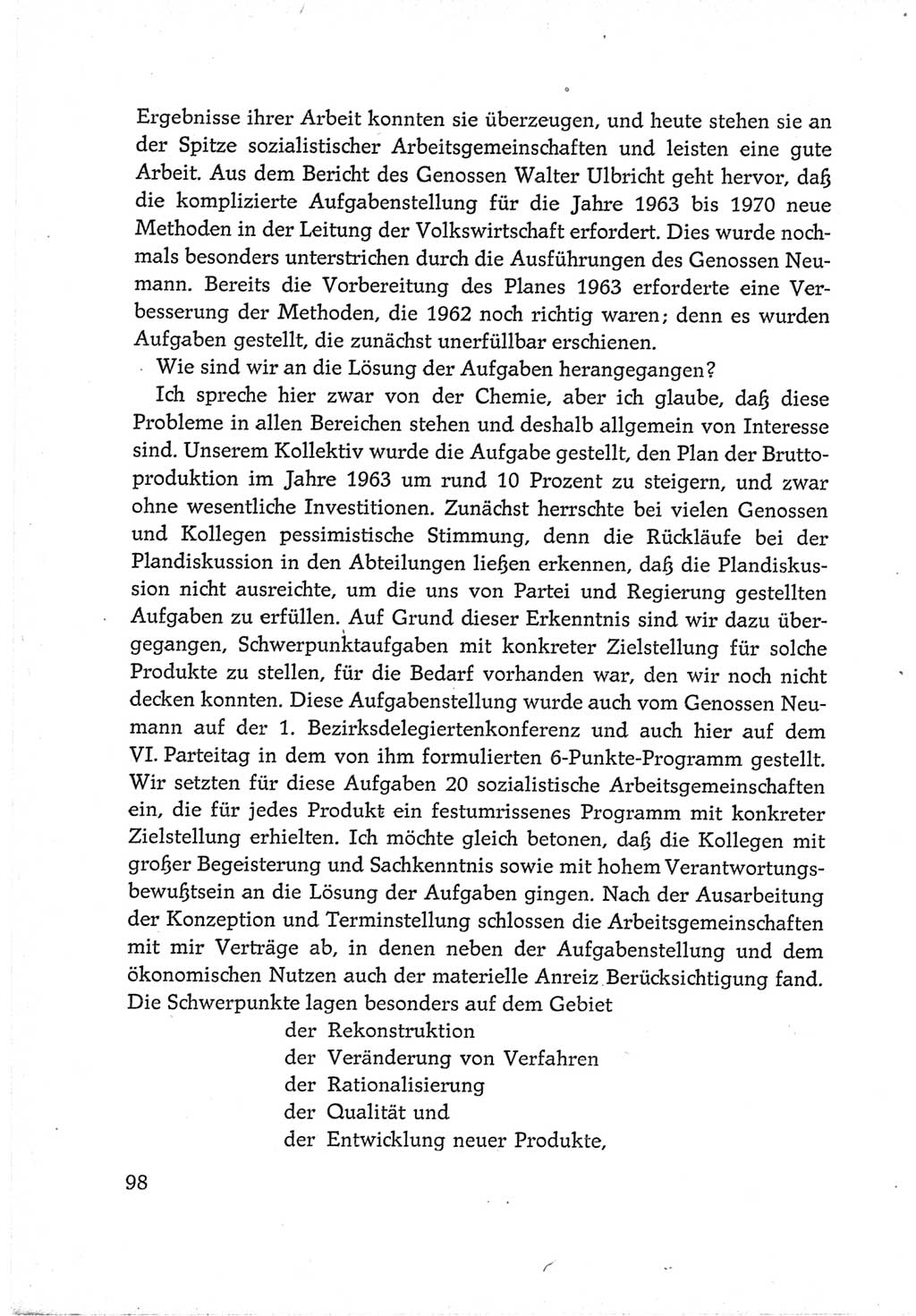 Protokoll der Verhandlungen des Ⅵ. Parteitages der Sozialistischen Einheitspartei Deutschlands (SED) [Deutsche Demokratische Republik (DDR)] 1963, Band Ⅲ, Seite 98 (Prot. Verh. Ⅵ. PT SED DDR 1963, Bd. Ⅲ, S. 98)