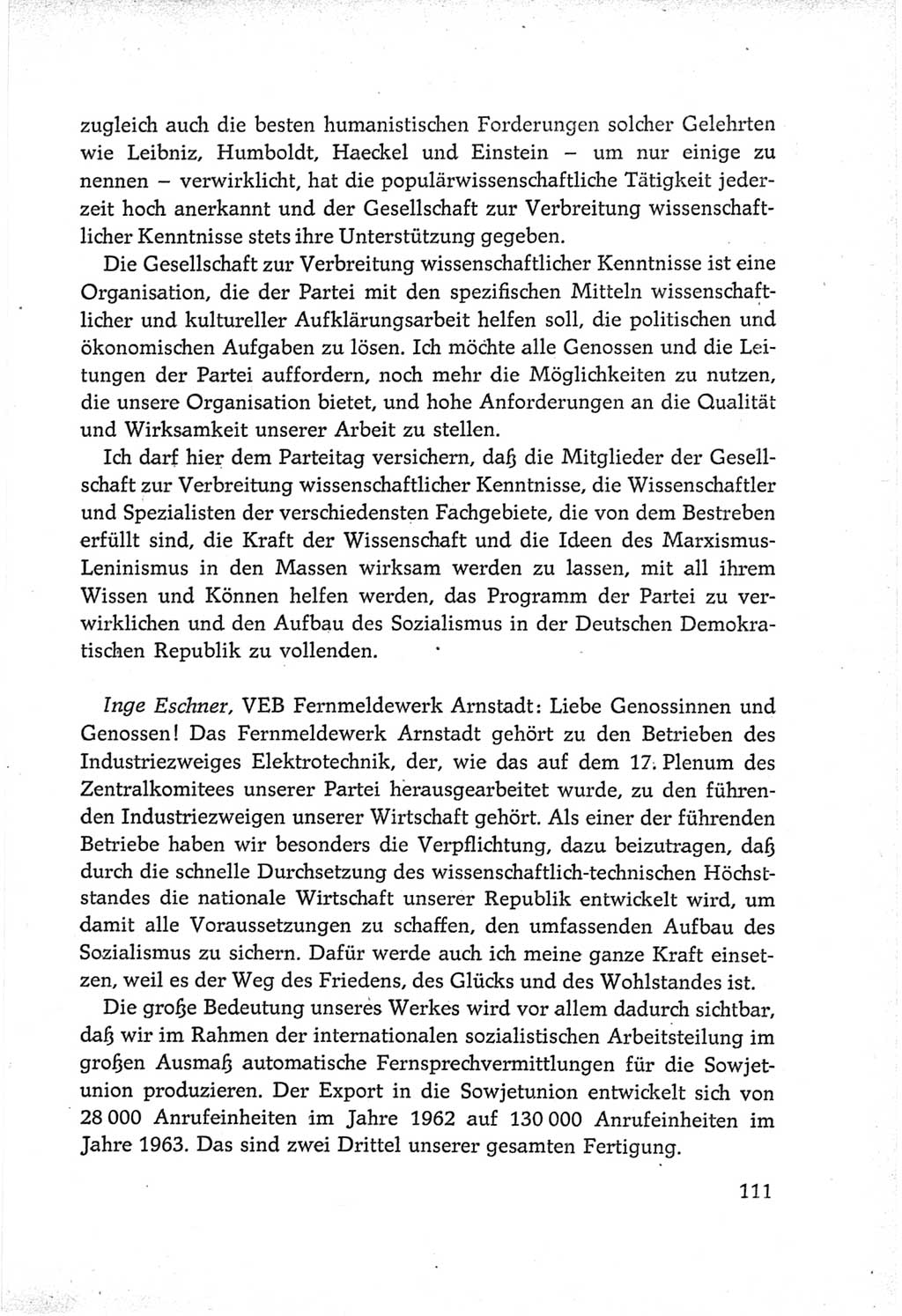 Protokoll der Verhandlungen des Ⅵ. Parteitages der Sozialistischen Einheitspartei Deutschlands (SED) [Deutsche Demokratische Republik (DDR)] 1963, Band Ⅲ, Seite 111 (Prot. Verh. Ⅵ. PT SED DDR 1963, Bd. Ⅲ, S. 111)