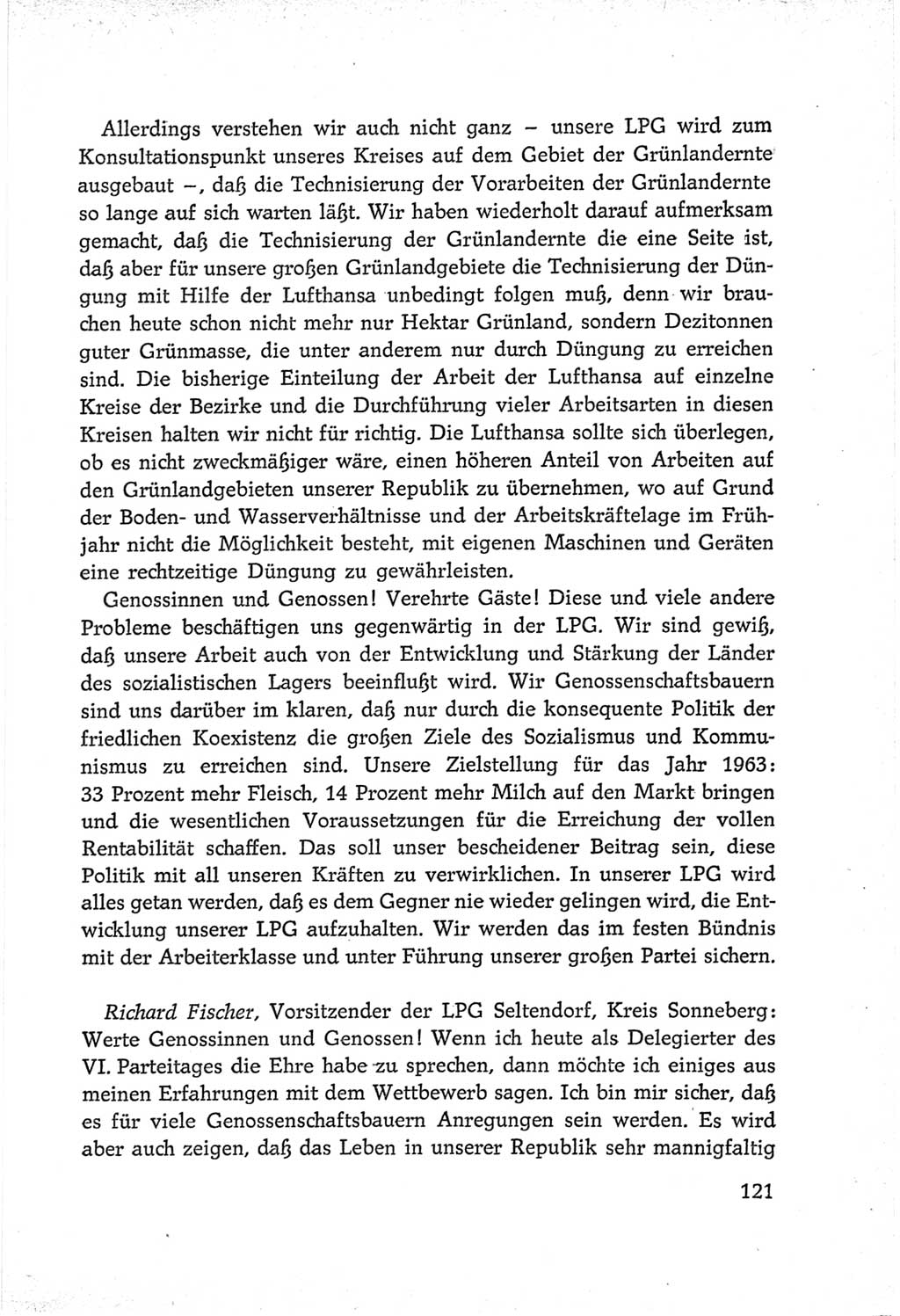 Protokoll der Verhandlungen des Ⅵ. Parteitages der Sozialistischen Einheitspartei Deutschlands (SED) [Deutsche Demokratische Republik (DDR)] 1963, Band Ⅲ, Seite 121 (Prot. Verh. Ⅵ. PT SED DDR 1963, Bd. Ⅲ, S. 121)