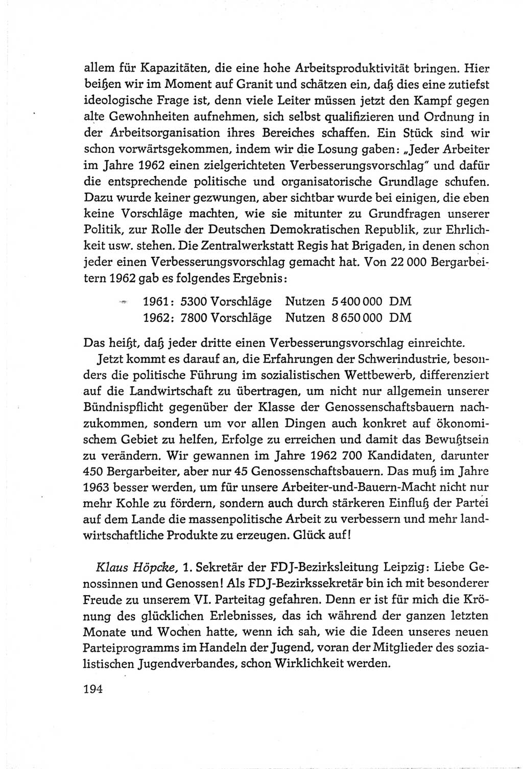 Protokoll der Verhandlungen des Ⅵ. Parteitages der Sozialistischen Einheitspartei Deutschlands (SED) [Deutsche Demokratische Republik (DDR)] 1963, Band Ⅲ, Seite 194 (Prot. Verh. Ⅵ. PT SED DDR 1963, Bd. Ⅲ, S. 194)