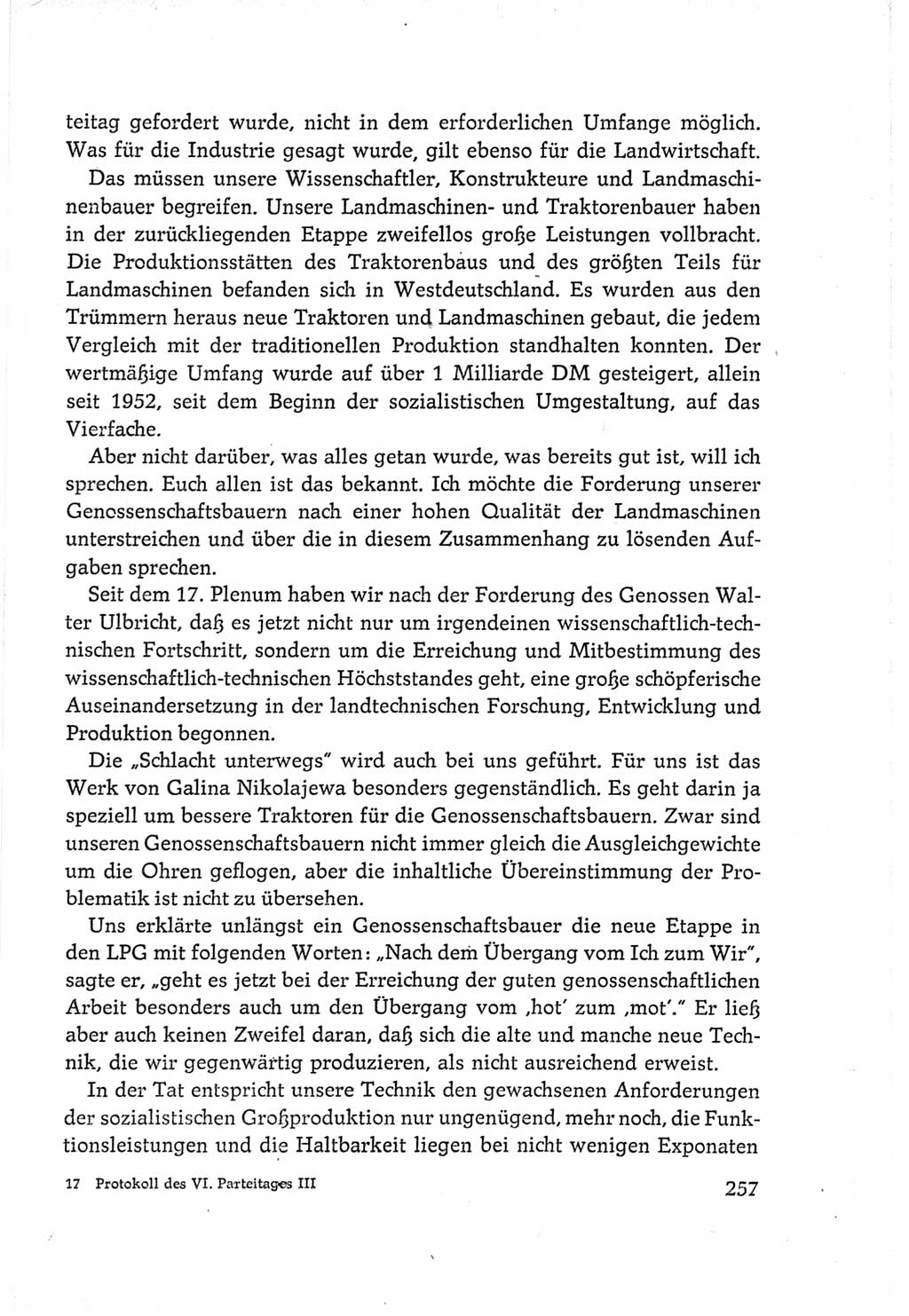 Protokoll der Verhandlungen des Ⅵ. Parteitages der Sozialistischen Einheitspartei Deutschlands (SED) [Deutsche Demokratische Republik (DDR)] 1963, Band Ⅲ, Seite 257 (Prot. Verh. Ⅵ. PT SED DDR 1963, Bd. Ⅲ, S. 257)