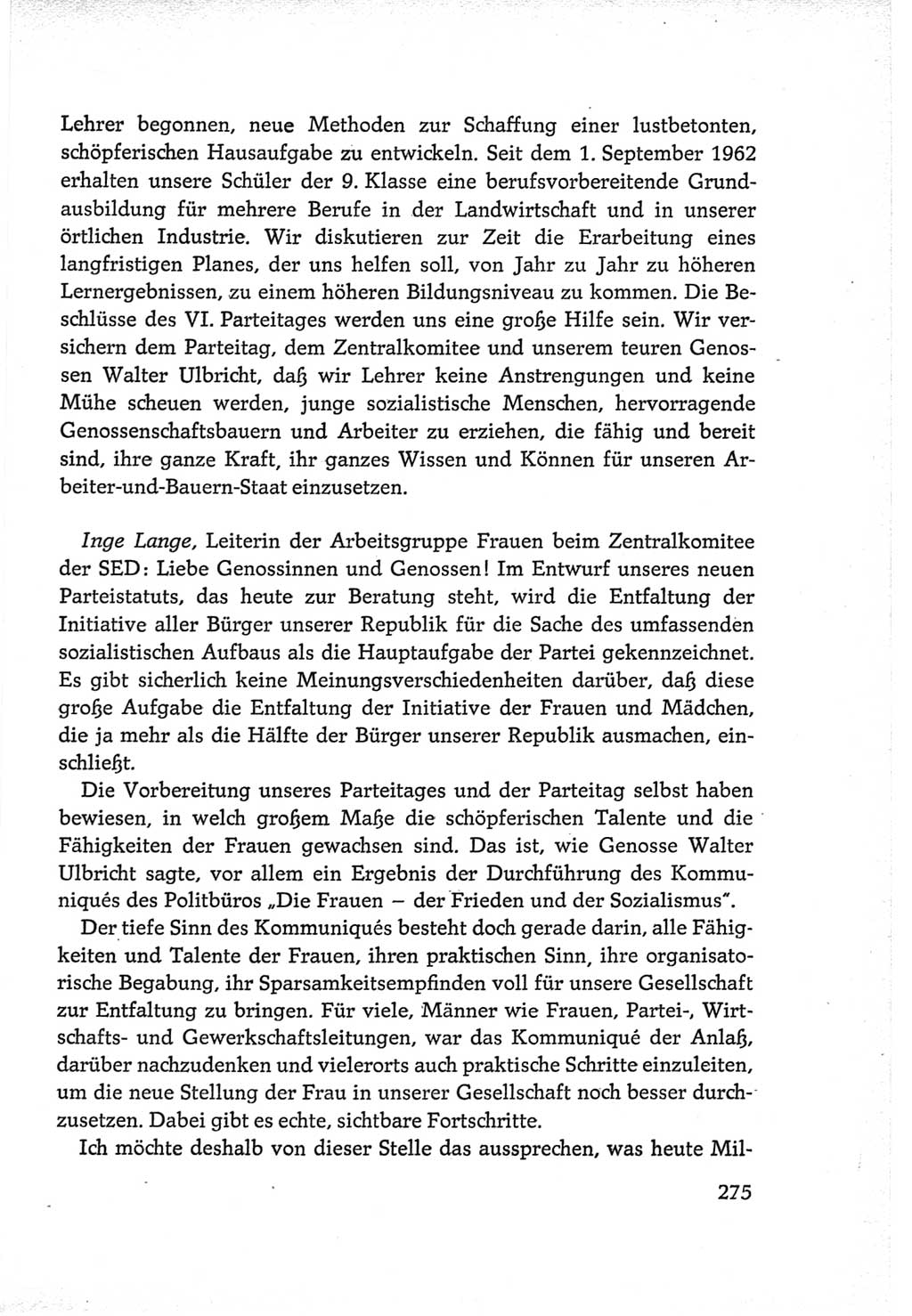 Protokoll der Verhandlungen des Ⅵ. Parteitages der Sozialistischen Einheitspartei Deutschlands (SED) [Deutsche Demokratische Republik (DDR)] 1963, Band Ⅲ, Seite 275 (Prot. Verh. Ⅵ. PT SED DDR 1963, Bd. Ⅲ, S. 275)