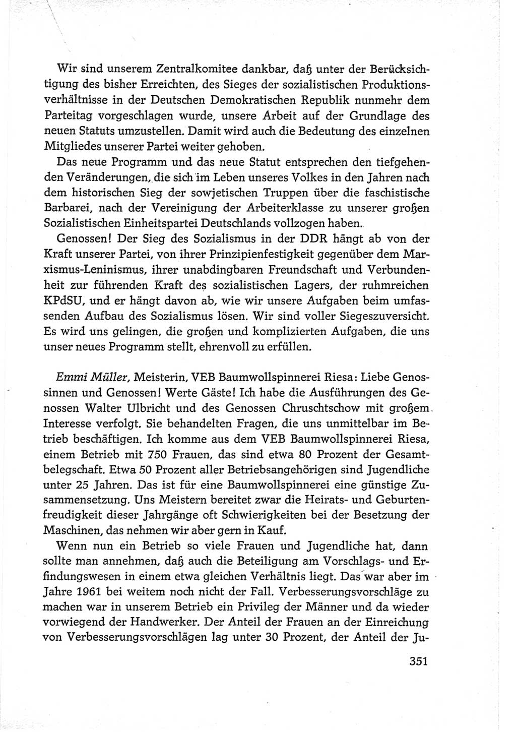 Protokoll der Verhandlungen des Ⅵ. Parteitages der Sozialistischen Einheitspartei Deutschlands (SED) [Deutsche Demokratische Republik (DDR)] 1963, Band Ⅲ, Seite 351 (Prot. Verh. Ⅵ. PT SED DDR 1963, Bd. Ⅲ, S. 351)