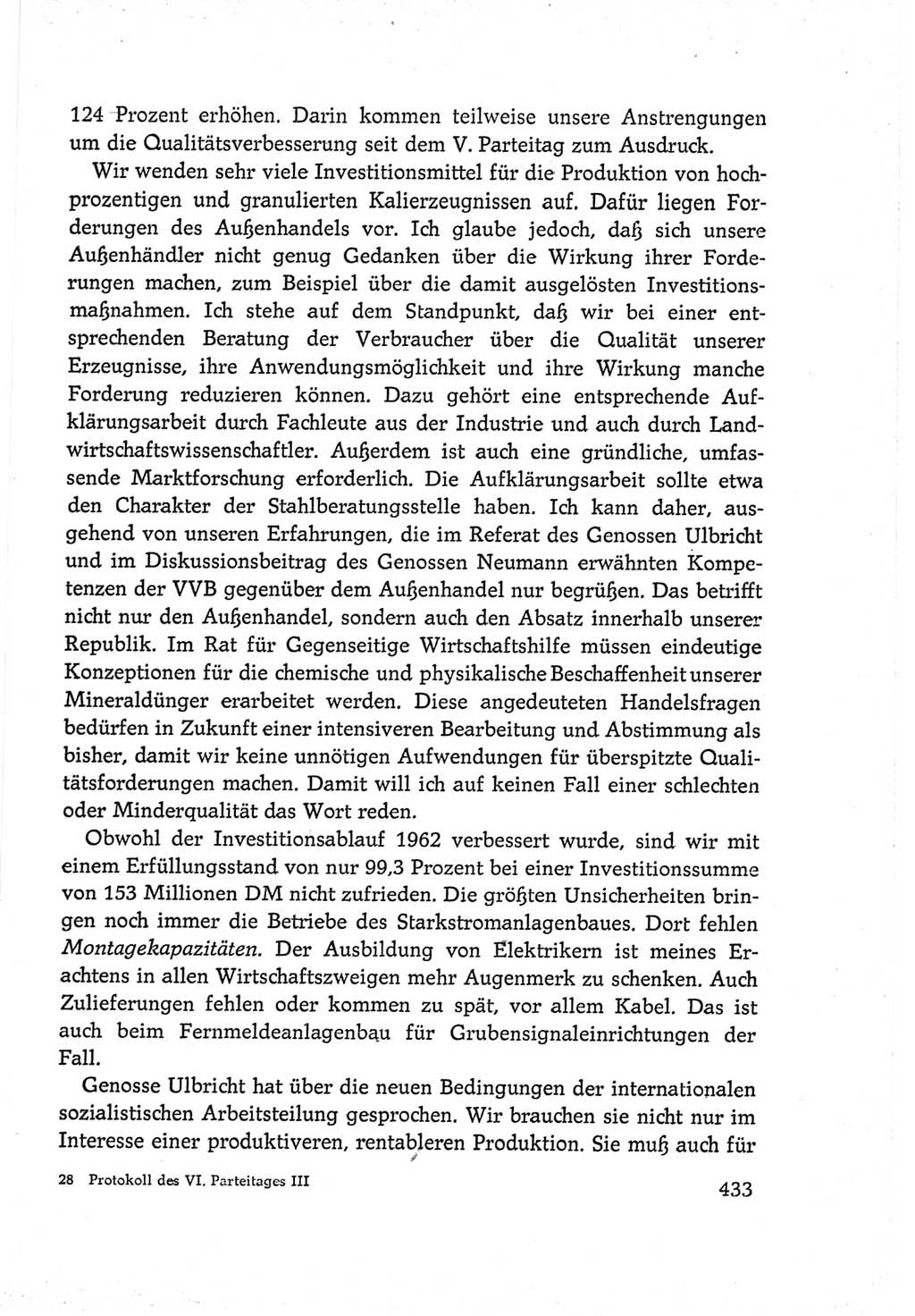 Protokoll der Verhandlungen des Ⅵ. Parteitages der Sozialistischen Einheitspartei Deutschlands (SED) [Deutsche Demokratische Republik (DDR)] 1963, Band Ⅲ, Seite 433 (Prot. Verh. Ⅵ. PT SED DDR 1963, Bd. Ⅲ, S. 433)