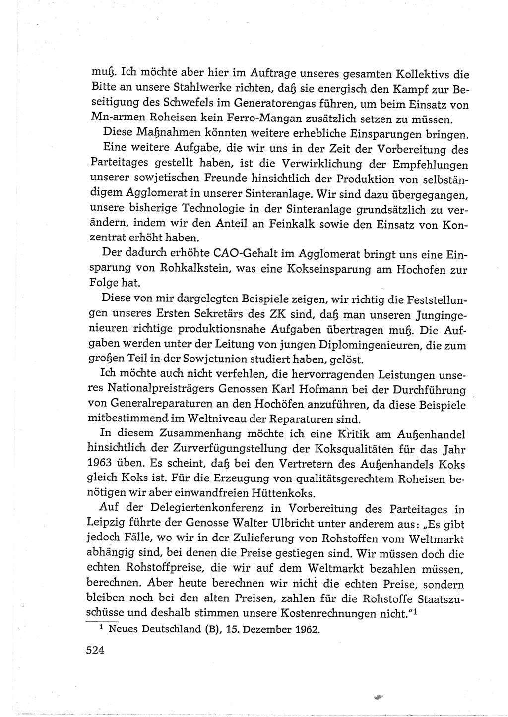 Protokoll der Verhandlungen des Ⅵ. Parteitages der Sozialistischen Einheitspartei Deutschlands (SED) [Deutsche Demokratische Republik (DDR)] 1963, Band Ⅲ, Seite 524 (Prot. Verh. Ⅵ. PT SED DDR 1963, Bd. Ⅲ, S. 524)