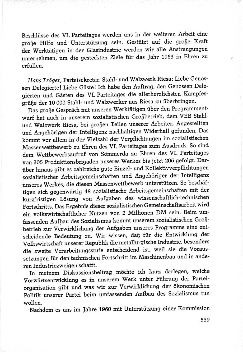 Protokoll der Verhandlungen des Ⅵ. Parteitages der Sozialistischen Einheitspartei Deutschlands (SED) [Deutsche Demokratische Republik (DDR)] 1963, Band Ⅲ, Seite 539 (Prot. Verh. Ⅵ. PT SED DDR 1963, Bd. Ⅲ, S. 539)