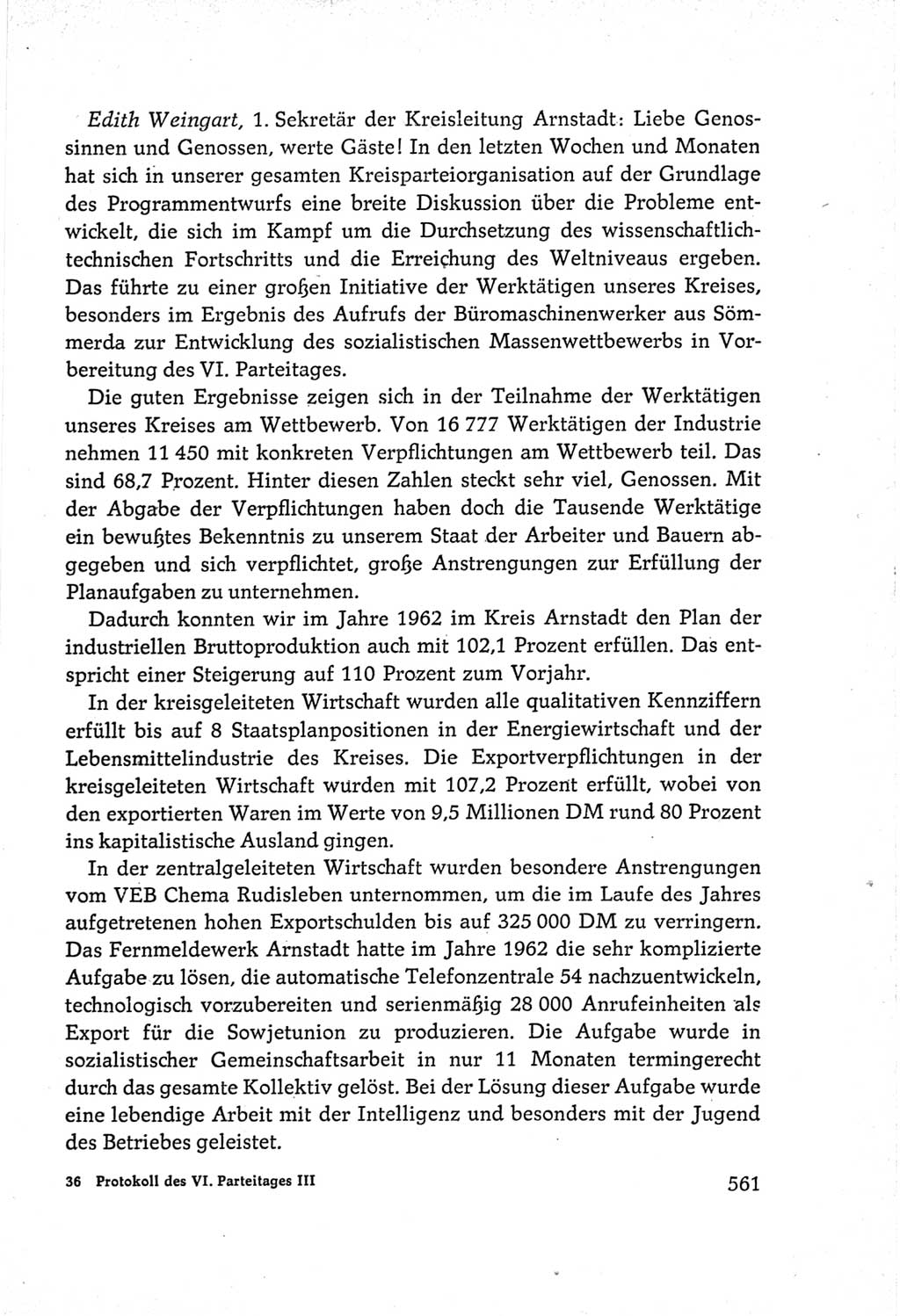 Protokoll der Verhandlungen des Ⅵ. Parteitages der Sozialistischen Einheitspartei Deutschlands (SED) [Deutsche Demokratische Republik (DDR)] 1963, Band Ⅲ, Seite 561 (Prot. Verh. Ⅵ. PT SED DDR 1963, Bd. Ⅲ, S. 561)