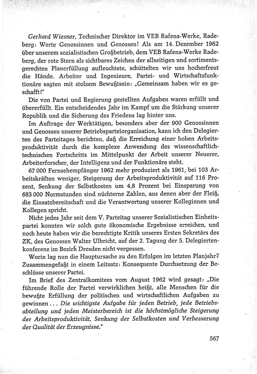 Protokoll der Verhandlungen des Ⅵ. Parteitages der Sozialistischen Einheitspartei Deutschlands (SED) [Deutsche Demokratische Republik (DDR)] 1963, Band Ⅲ, Seite 567 (Prot. Verh. Ⅵ. PT SED DDR 1963, Bd. Ⅲ, S. 567)