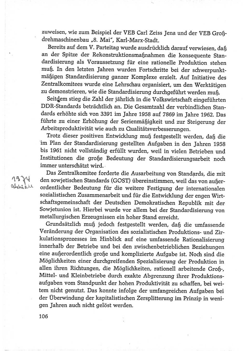 Protokoll der Verhandlungen des Ⅵ. Parteitages der Sozialistischen Einheitspartei Deutschlands (SED) [Deutsche Demokratische Republik (DDR)] 1963, Band Ⅳ, Seite 106 (Prot. Verh. Ⅵ. PT SED DDR 1963, Bd. Ⅳ, S. 106)