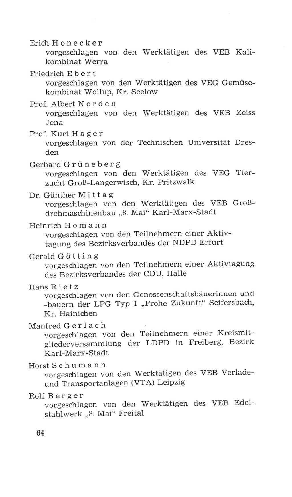 Volkskammer (VK) der Deutschen Demokratischen Republik (DDR), 4. Wahlperiode 1963-1967, Seite 64 (VK. DDR 4. WP. 1963-1967, S. 64)