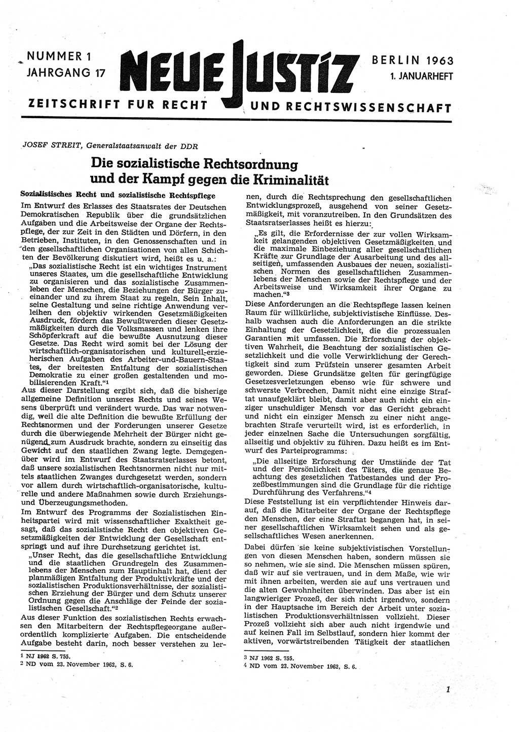 Neue Justiz (NJ), Zeitschrift für Recht und Rechtswissenschaft [Deutsche Demokratische Republik (DDR)], 17. Jahrgang 1963, Seite 1 (NJ DDR 1963, S. 1)