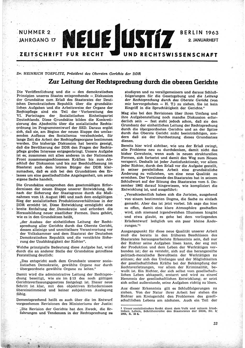 Neue Justiz (NJ), Zeitschrift für Recht und Rechtswissenschaft [Deutsche Demokratische Republik (DDR)], 17. Jahrgang 1963, Seite 33 (NJ DDR 1963, S. 33)