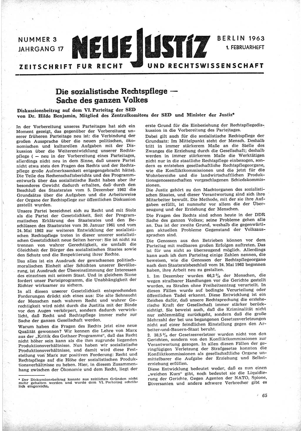 Neue Justiz (NJ), Zeitschrift für Recht und Rechtswissenschaft [Deutsche Demokratische Republik (DDR)], 17. Jahrgang 1963, Seite 65 (NJ DDR 1963, S. 65)