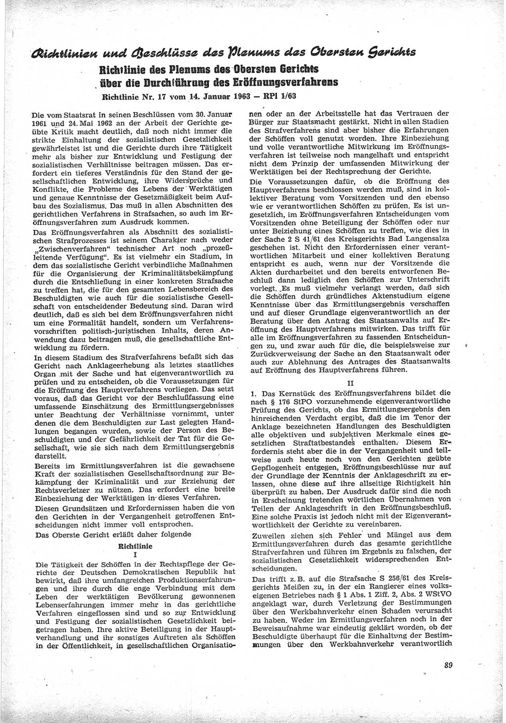 Neue Justiz (NJ), Zeitschrift für Recht und Rechtswissenschaft [Deutsche Demokratische Republik (DDR)], 17. Jahrgang 1963, Seite 89 (NJ DDR 1963, S. 89)