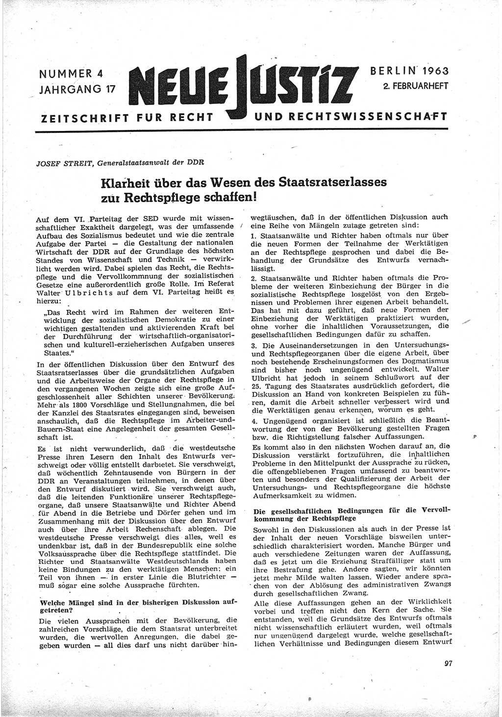 Neue Justiz (NJ), Zeitschrift für Recht und Rechtswissenschaft [Deutsche Demokratische Republik (DDR)], 17. Jahrgang 1963, Seite 97 (NJ DDR 1963, S. 97)