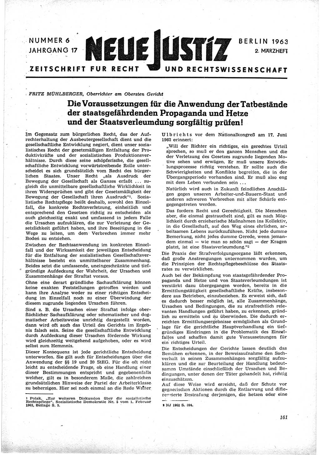 Neue Justiz (NJ), Zeitschrift für Recht und Rechtswissenschaft [Deutsche Demokratische Republik (DDR)], 17. Jahrgang 1963, Seite 161 (NJ DDR 1963, S. 161)