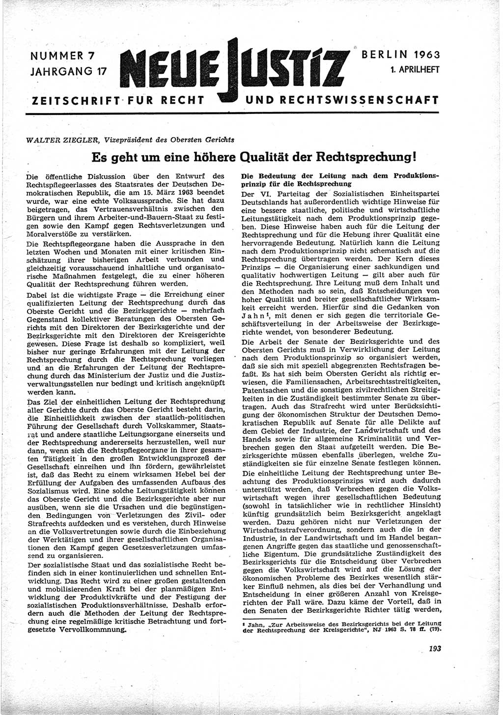 Neue Justiz (NJ), Zeitschrift für Recht und Rechtswissenschaft [Deutsche Demokratische Republik (DDR)], 17. Jahrgang 1963, Seite 193 (NJ DDR 1963, S. 193)