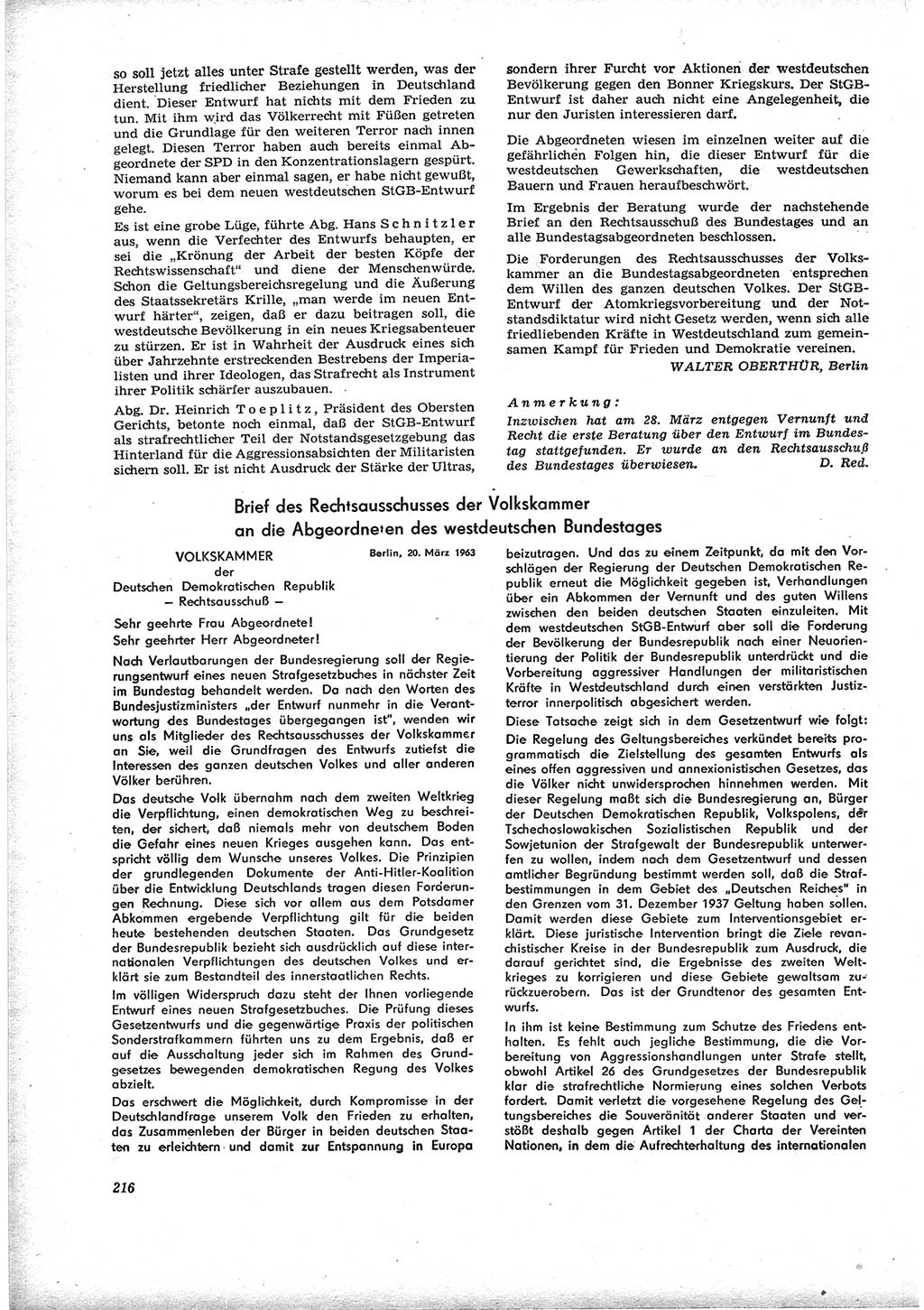 Neue Justiz (NJ), Zeitschrift für Recht und Rechtswissenschaft [Deutsche Demokratische Republik (DDR)], 17. Jahrgang 1963, Seite 216 (NJ DDR 1963, S. 216)